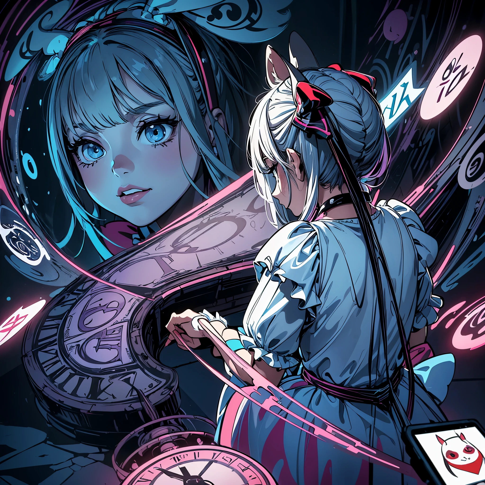 (masterpiece:1.3), (8K、best quality:1.4), (((Create digital artwork in pop art style))), ((Features Alice in Wonderland)), ((Split the screen into 3 parts, A black line on the outer edge of the divided part, Clock and rabbit on the top left, Queen bee of hearts on the top right, Alice on the bottom)), (dialogue speech bubble), Street fashion, (movie color scheme), ((Surrounded by Alice in Wonderland motifs)), ((vivid brush strokes)), Emotions must be dynamic, Upper body, from the side, from behind, drawing, figure, grayscale, tropical, Rabbit who was late, cheshire cat