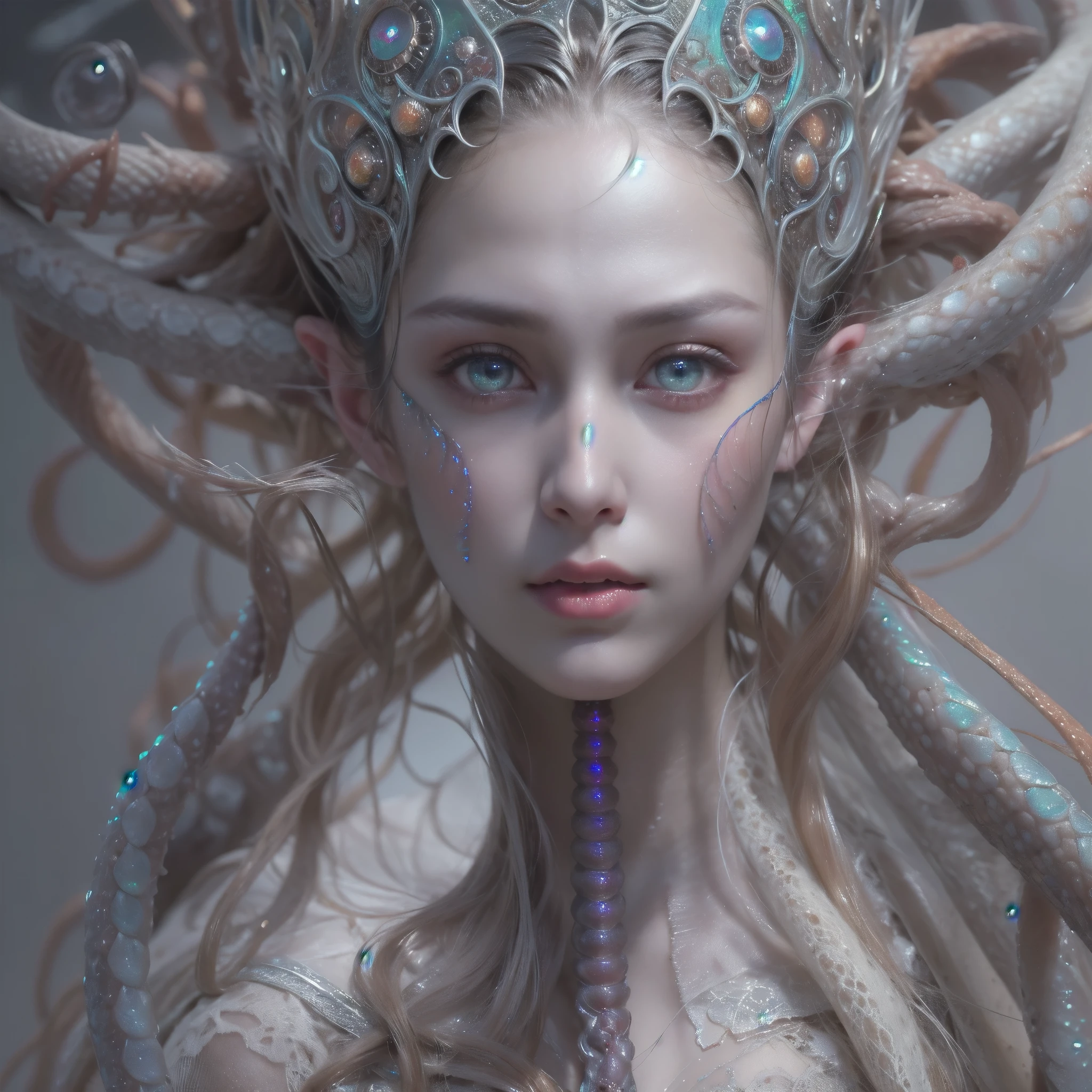(A female Alien:1.2), extraordinary Beautiful face,  (There is a female genital-like organ in the middle of her forehead:1.6), seduces, red eyes, Full body like, A sexy alien, No humans, cells are fused, (Lots of white tentacles), (pale skin:1.3), extraterrestrial, cell, bio image, charming, Best Quality, 8K,4K_quality, high definition, Dramatic Lighting, masutepiece:1.5,cinematic quality, detail up, (Intricate details:1.2), high resolution, High Definition, drawing faithfully, (Thick eyebrows:1.2), (beautiful iridescent eyes:1.6), Beautiful eyes with fine symmetry, (Highly detailed face and eyes:1.2), (High-resolution iridescent eyes:1.4), (Super detailed skin quality feeling:1.4), Perfect Anatomy,  (Beautiful toned body:1.5),  (moist skin:1.2), No makeup, (dark circles:1.1), long canines, She has numerous bright colorful tentacles like thin white snakes from her head. She has long black claws, nude, NSFW