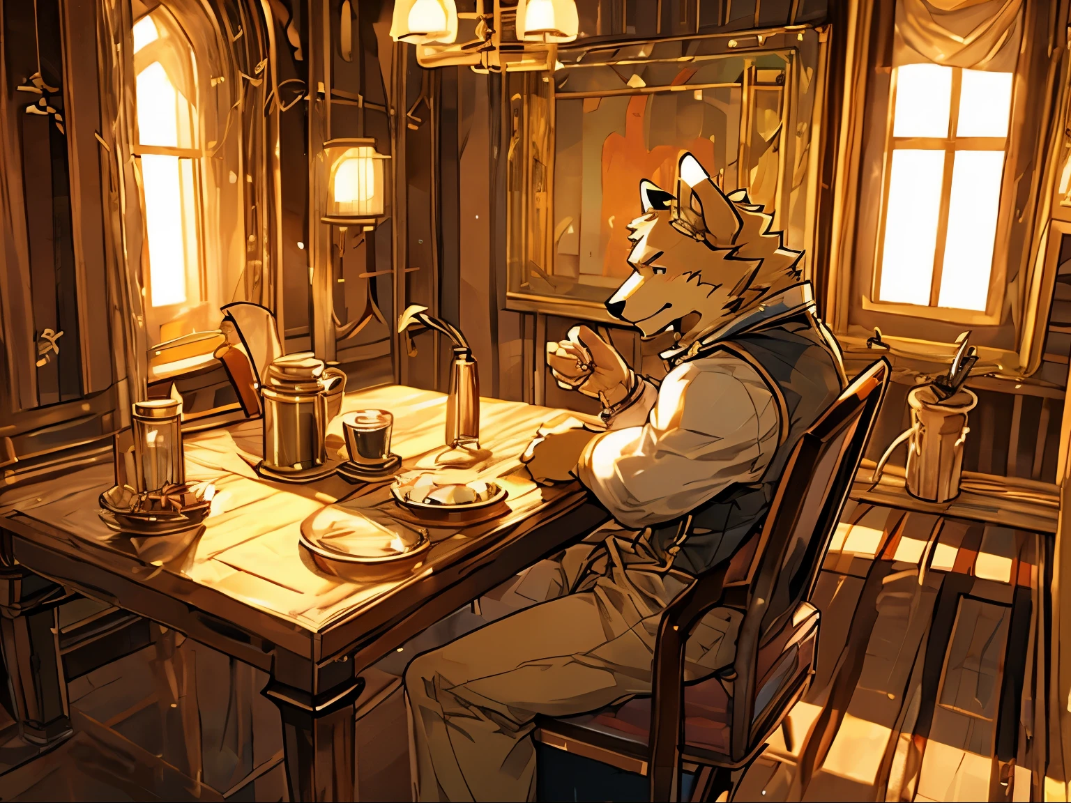 golden retriever,毛茸茸golden retriever巡回dog,adult,Humanity(dog),muscular body,black eyes,exquisite eyes,blush,Smile,Casual wear,alone at home。