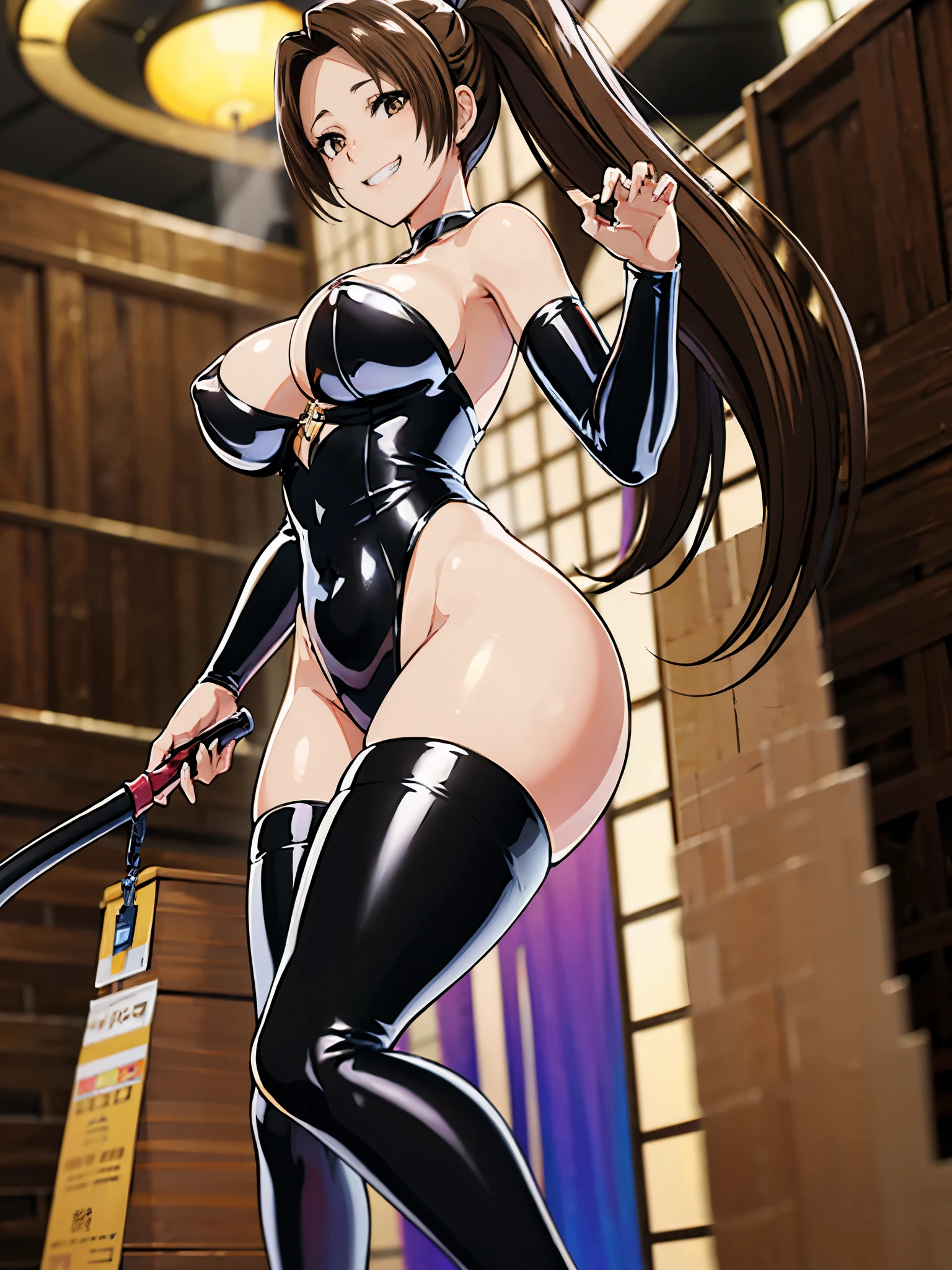 女性1 person、(((black shiny latex bondage suit)))、(from below:1.3)、 brown hair, brown eyes, long and high ponytail, hair band, 1 person、25 years old, japanese mature woman, beautiful fingers, beautiful long legs, beautiful body, beautiful nose, beautiful character design, perfect eyes, perfect face, jewelry, See-through, looking at the viewer, hair ornaments, choker, shy, (grin:1.6)、the king of fighters,(((Has a black super long whip:1.5)))、
(table top, highest qualityの, highest quality, beautiful and aesthetic: 1.2), very detailed, more detailed,proper body proportions,table top,Super high quality output image,High resolution,intricate details,very delicate and beautiful hair,realistic pictures,dream-like,professional lighting,realistic shadow,focus only,
(big breasts:1.2,) , floating skirt,
Knee-high long boots with stiletto heels、Anime one、from below、(((depiction of a prison)))、(((close your mouth)))