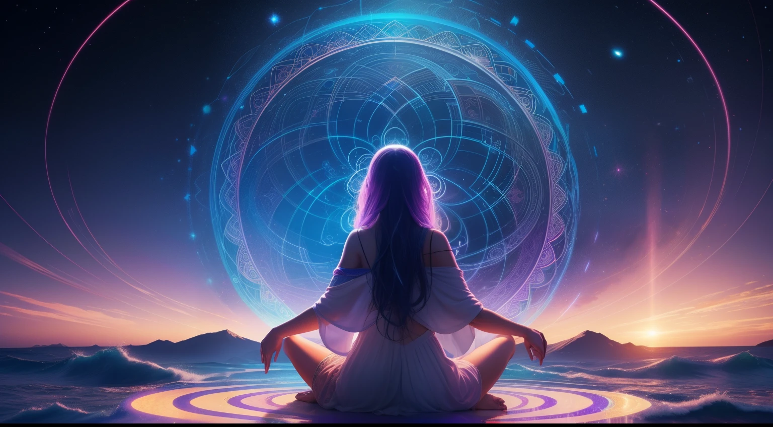 Develop an animated image in 8k, high-quality drawing style that represents "Co-Creation" and the understanding that we are active agents in manifesting a greater good. Create a scene that shows someone channeling their energy and intention to consciously shape reality. The animation should emphasize the individual's focus and intention, with intricate details that highlight their connection to the universe. Show the person working in harmony with the world around them, co-creating a better future.