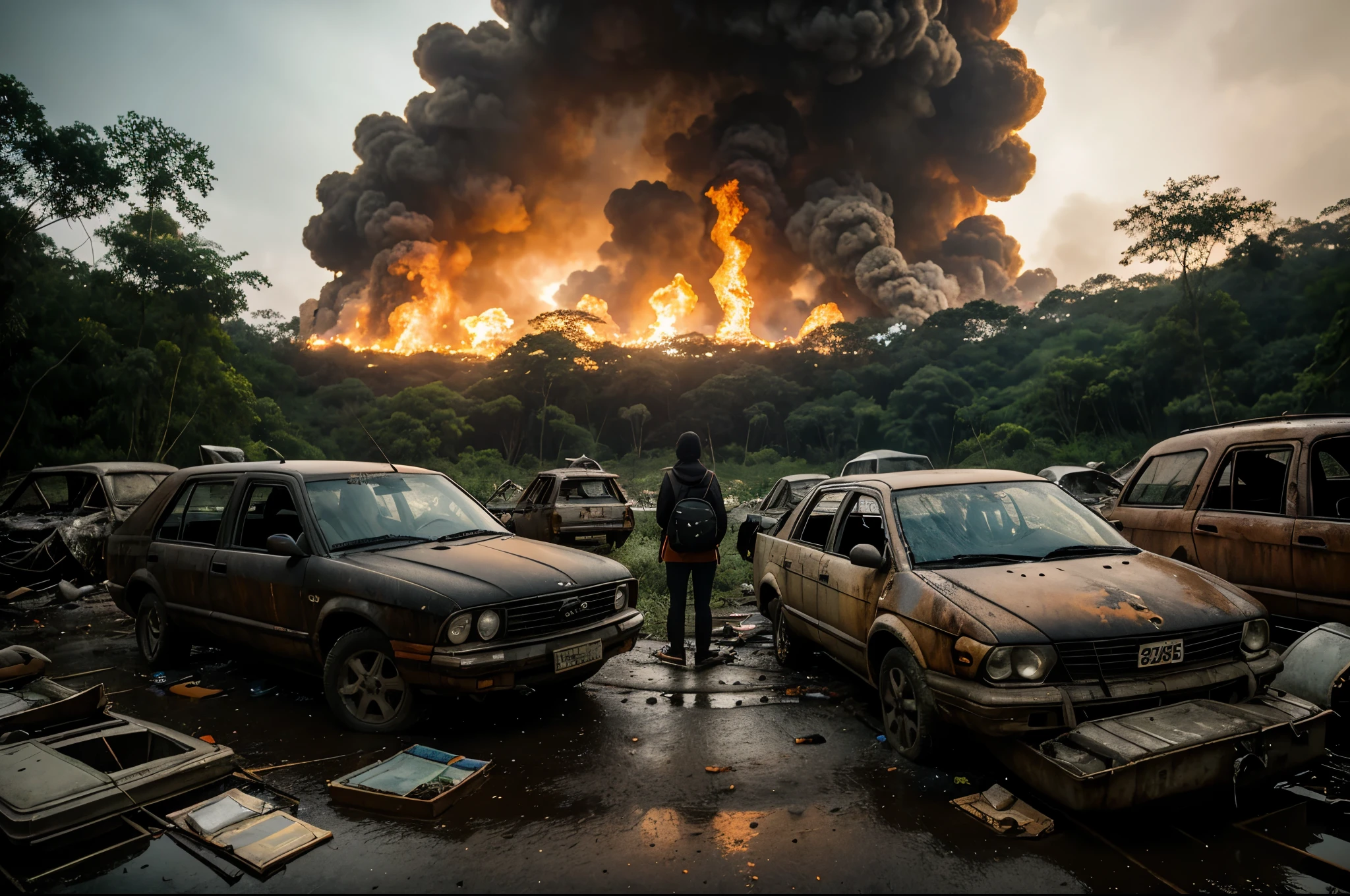 ultra-wide fisheye shot of dead bodies and a woman with a rucksack on her back standing centered in an indian rainy forest with her back to the camera amidst broken cars and dead bodies engulfed in flames and full of wreckage, mysterious, , good vs evil, end of the world, cinematic shot, photorealistic, symmetry,