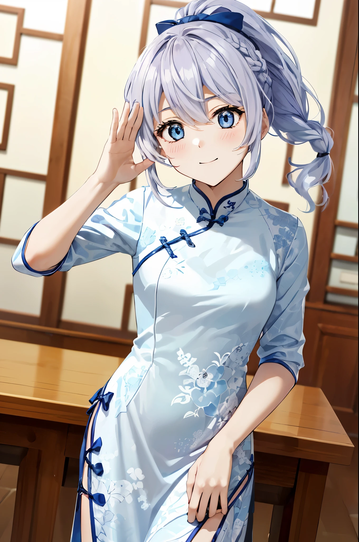 (Highest、Highestの品質、highly detailed beautiful eyes)、Highestの照明、perfect lighting、look at the audience、(1 girl、alone、dynamic angle)、blue eyes, (shining eyes、face、bangs、ponytail、long hair)、Teresa Testarossa、(white cheongsam:1.3), (white cheongsam:1.3), (Beautiful pattern:1.3), slit, (long hem:1.3), Braid、blush、(Highestの笑face:1.3)、indoor, cowboy shot, free pose
