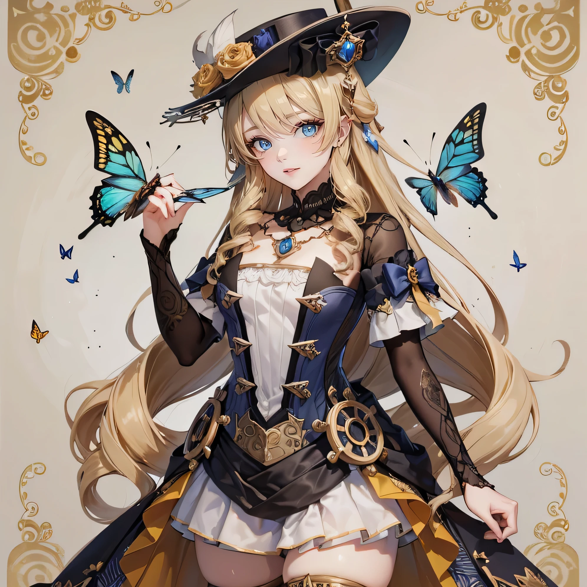there is a girl,. The girl has beautifully detailed eyes and a kind smile on her face.........butterflies fly on a beige nature background in steampunk style with flowers .... The work must be of the highest quality.., be a masterpiece, and have high resolution details.,girl in waist-length frames