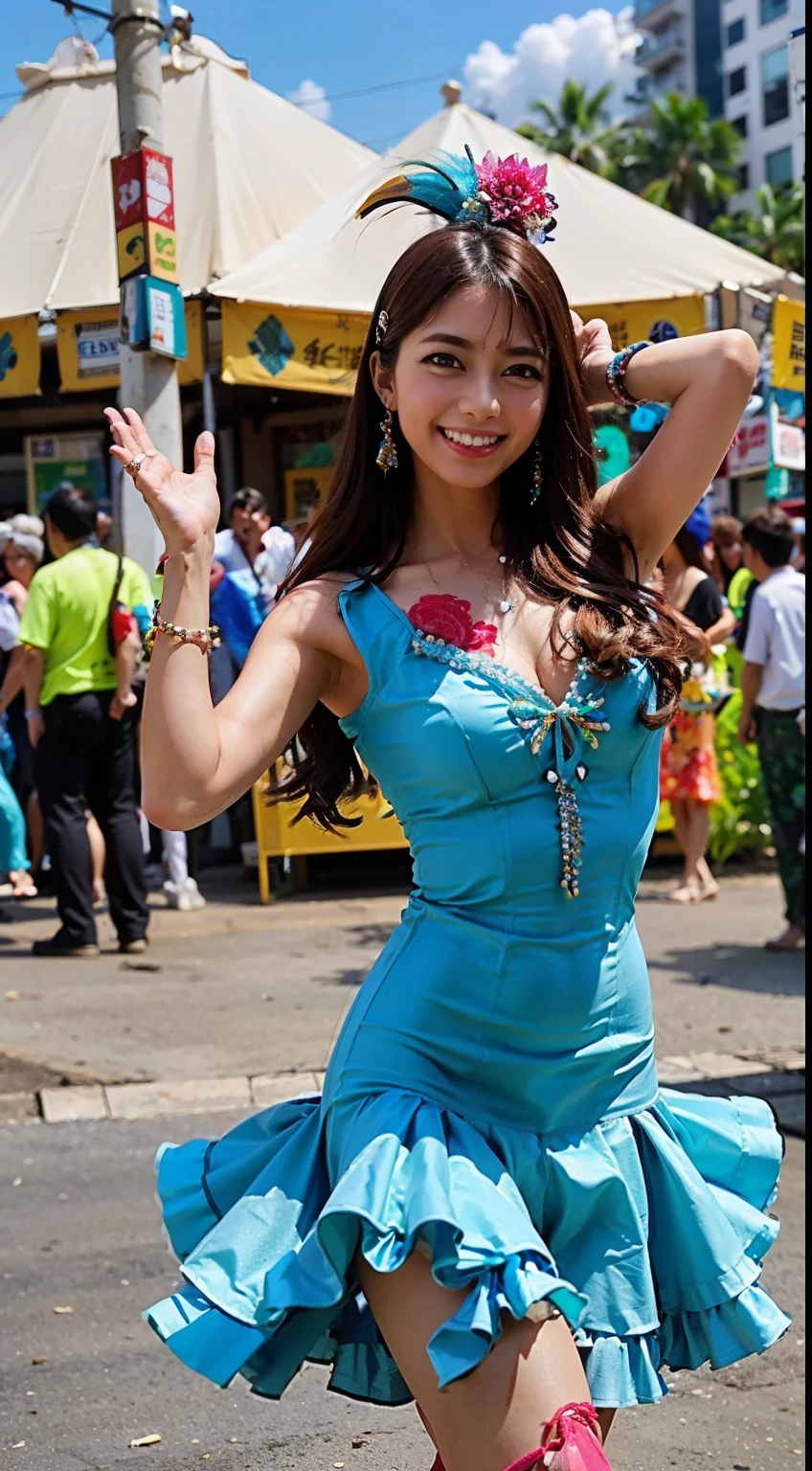 (samba dance dress:1.3)、（carnival party）、（（High leg））、headdress、feather、The dress is mainly pink、woman、K-POPアイドル、（blue eyes）、samba dancing on the street、（perfect hand fingers）、High resolution、masterpiece、highest quality、head w:1.3、((Hasselblad Photos))、（Girlfield 50mm lens）、The abdomen is exposed、brown hair、I enjoy dancing samba、best smile、highly detailed skin、Very fair skin、sharp focuovie lighting)、soft lighting、dynamic angle、[:(detailed face:1.2):0.2]、Medium chest、looking at the viewer