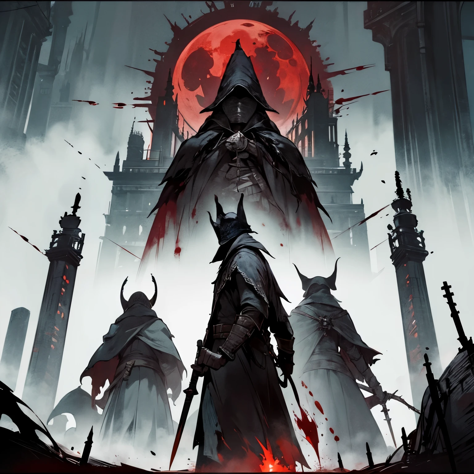 ((Bloodborne))、 Video Game、 From Software、 Red Moon、 Blood Male、hospital、torch、Hunter、battle、machete、clock