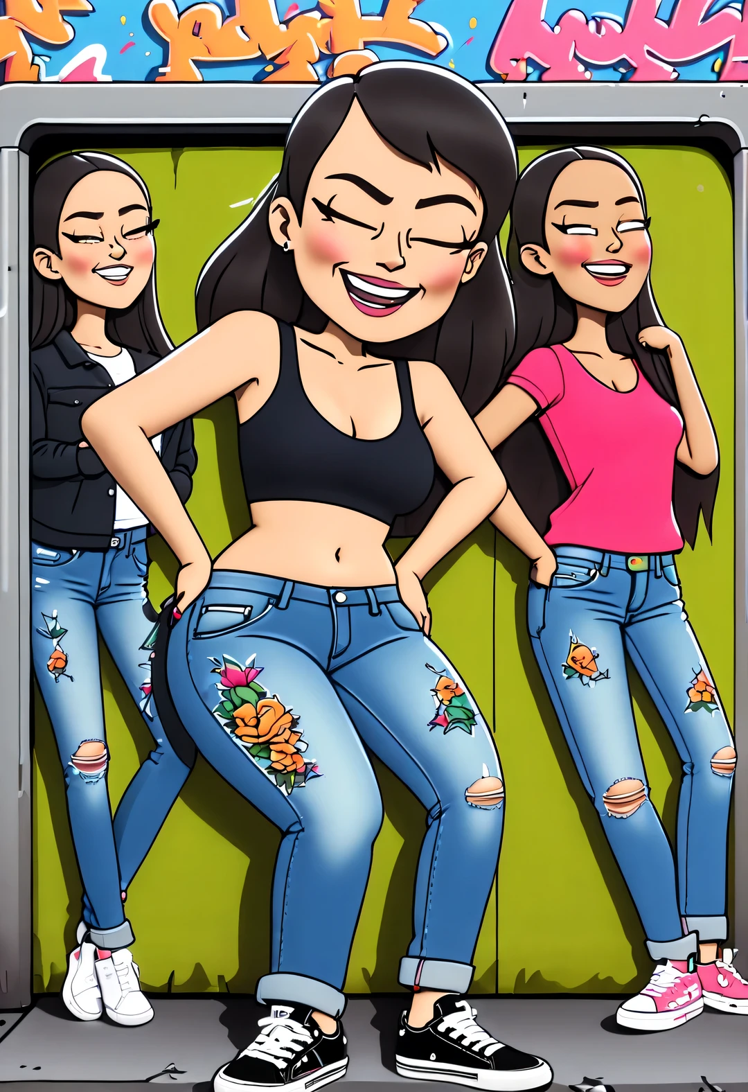 Graffiti caricatures, masterpiece, A skinny girl sticks her head out of a pair of super baggy jeans，lol，Celebrate weight loss success