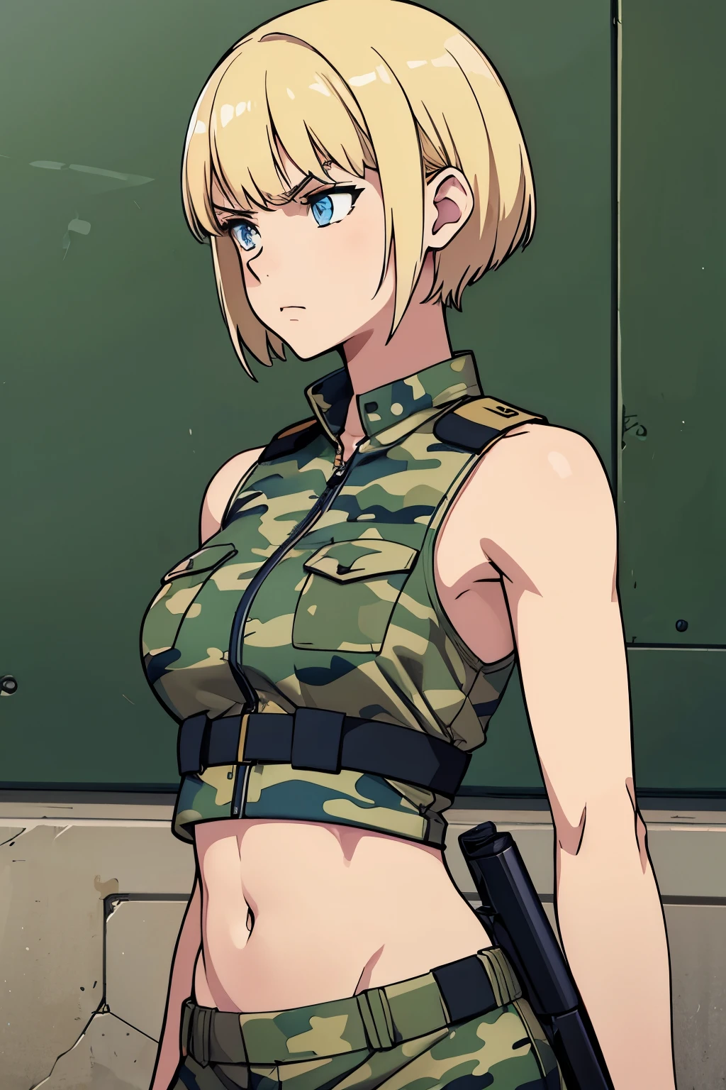 (masterpiece), Blonde German woman, muscular , Tomboy body, Clothes Military rude, Short hair, face