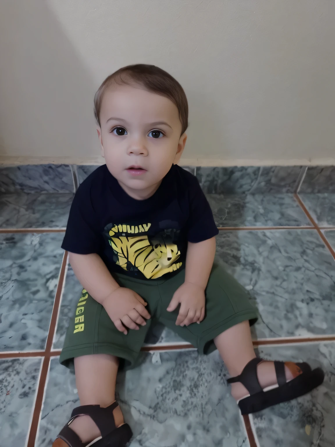 there is a small sitting on the floor with sandals on, 2 anos de idade, sitting on the floor, pó Nándor Katona, Rayyan, caio santos, José Miguel remains French, garoto fofo, pequeno , imagem de qualidade muito baixa, mateus 9 5, serious expression, Diego5, retrato frontal, foto frontal, Garotinho