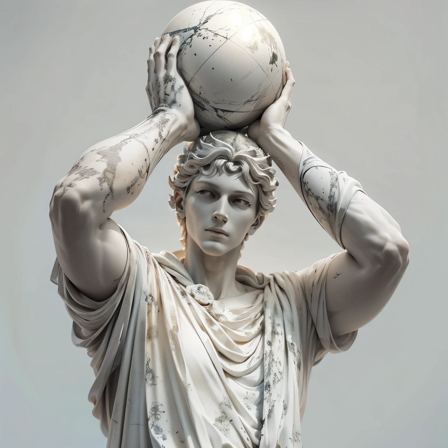 a statue of a man holding a globe on his head, fotorrealista, escala de cinza, Muito detalhado, hiper-realista, arte conceitual de deus, marble statue, branco