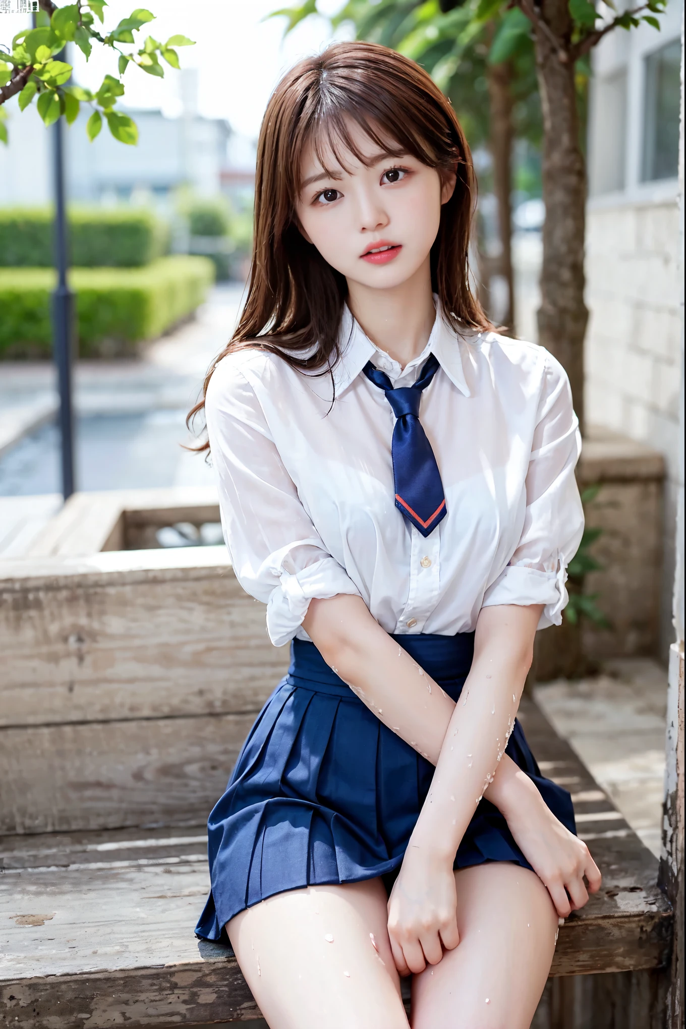 body、small head、very thin waist、Big breasts that are about to explode:8.0、ponytail、plump thighs、beautiful eyes、natural skin、ultra fine face、perfect hands、extra thin hands, Best ratio、hyper realistic, ((school uniform、tie、white blouse、navy blue mini skirt))、 8K, muste piece, super detail, high quality, best quality, High resolution、very red cheeks:1.2、oily skin、(panty shot)、very wet body:5.0