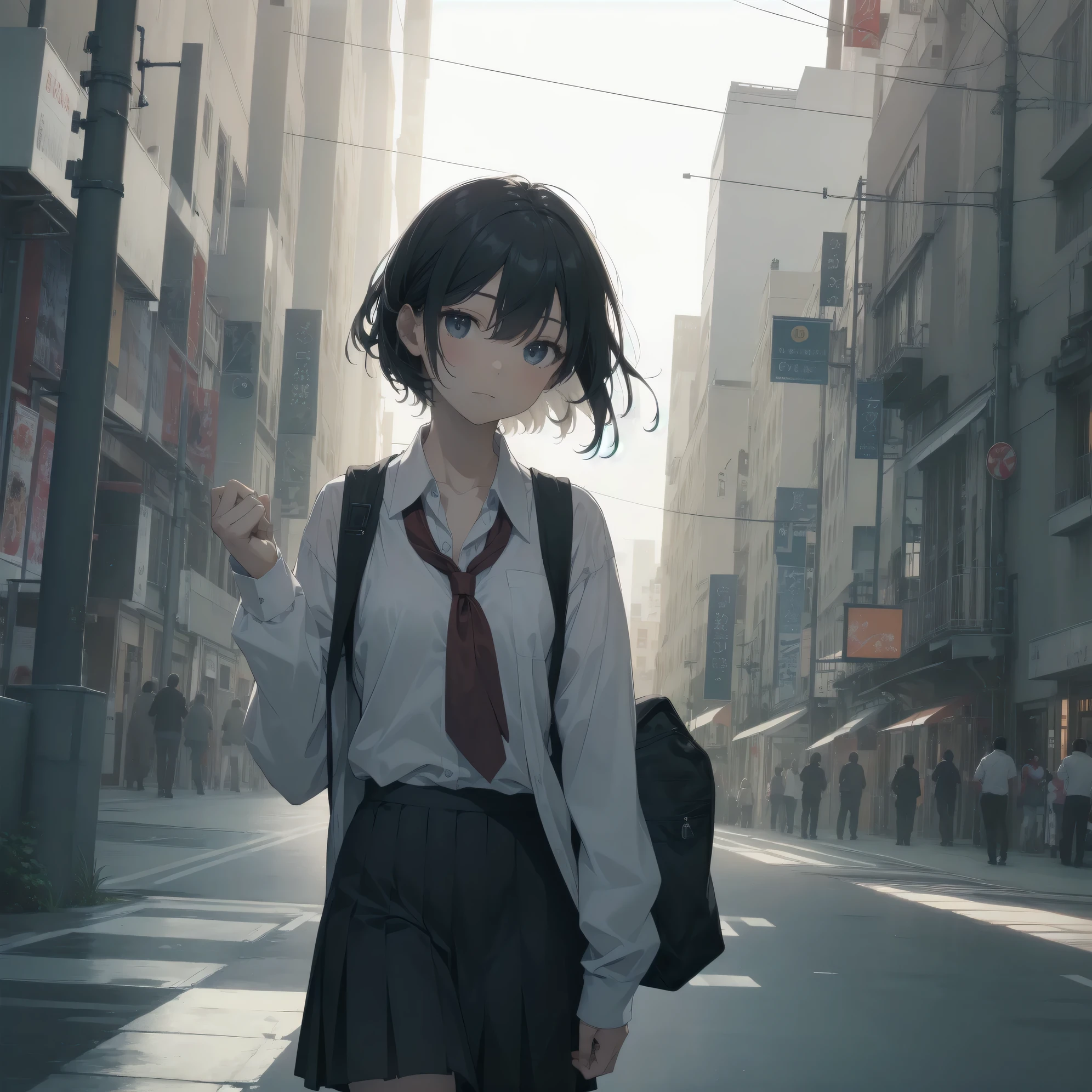 Ultra-highest quality by the art god, super detailed, High resolution, anime moe art style, Best Anime 8K Kona-chan Wallpaper, pixiv contest winner, perfect anatomy, break,(眠そうにalone学校へ行く女の子を描いてください. )break,1 girl, (alone,little woman, , 13 years old:1.3),All limbs, full finger,, The charm of an immature body, (very short hair), bangs, flat chest, Small Bodysuits, small ass, between legs, small black eyes, detailed and beautiful eyes, Well-proportioned iris and pupils, expressive eyes, High resolutionの詳細な髪, ribbon, neck ribbon, skirt, collared shirt, pleated skirt, school uniform, school bag,(detailed lighting), (detailed background), On the way to school. break,super dense skin, Best lighting by famous artists, 8k, cute illustration,Hmm, rough skin,Absurd Hi-Res