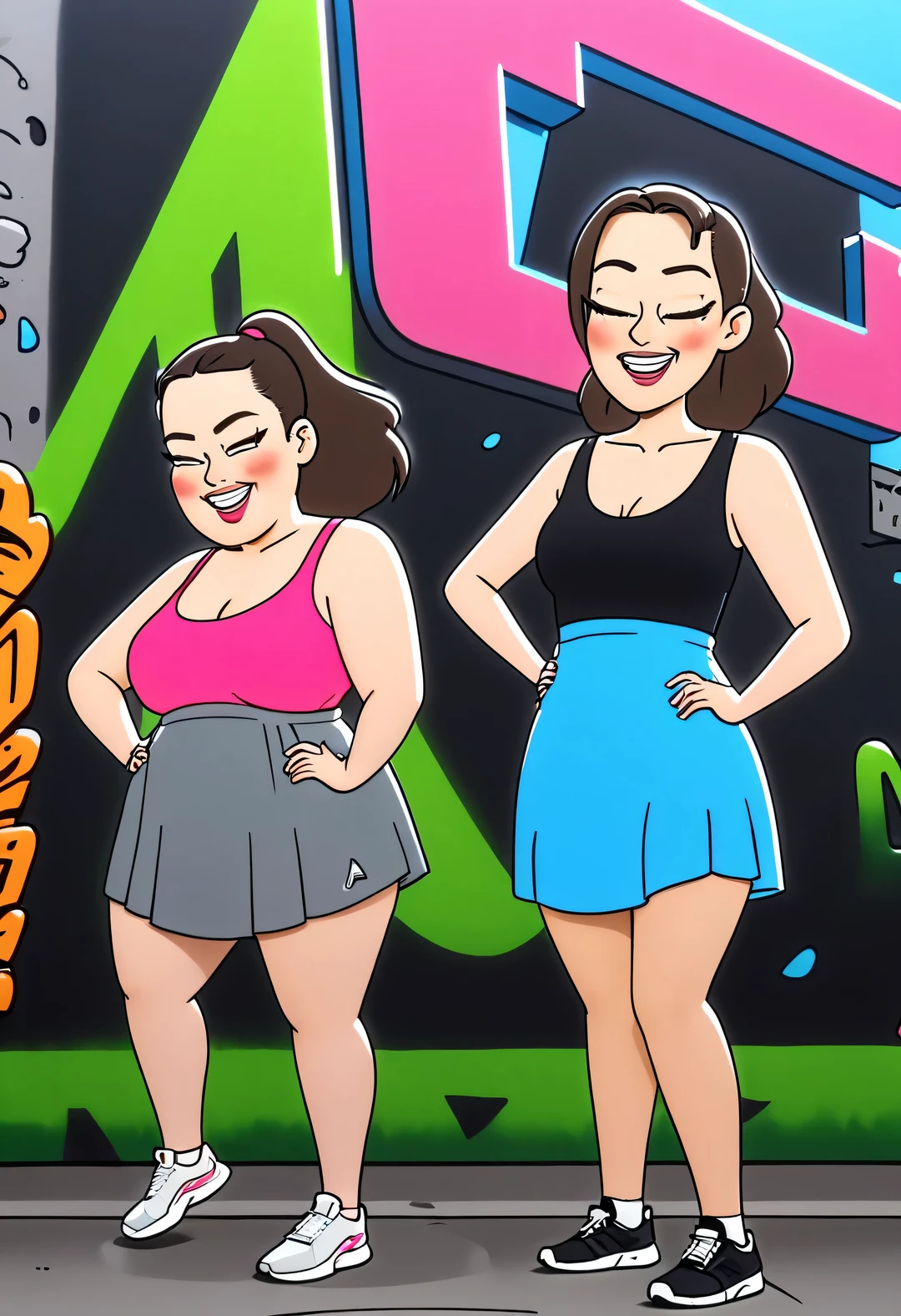 Graffiti caricatures, masterpiece, 1 skinny girl looking at fat girl in photo,lol,Celebrate weight loss success