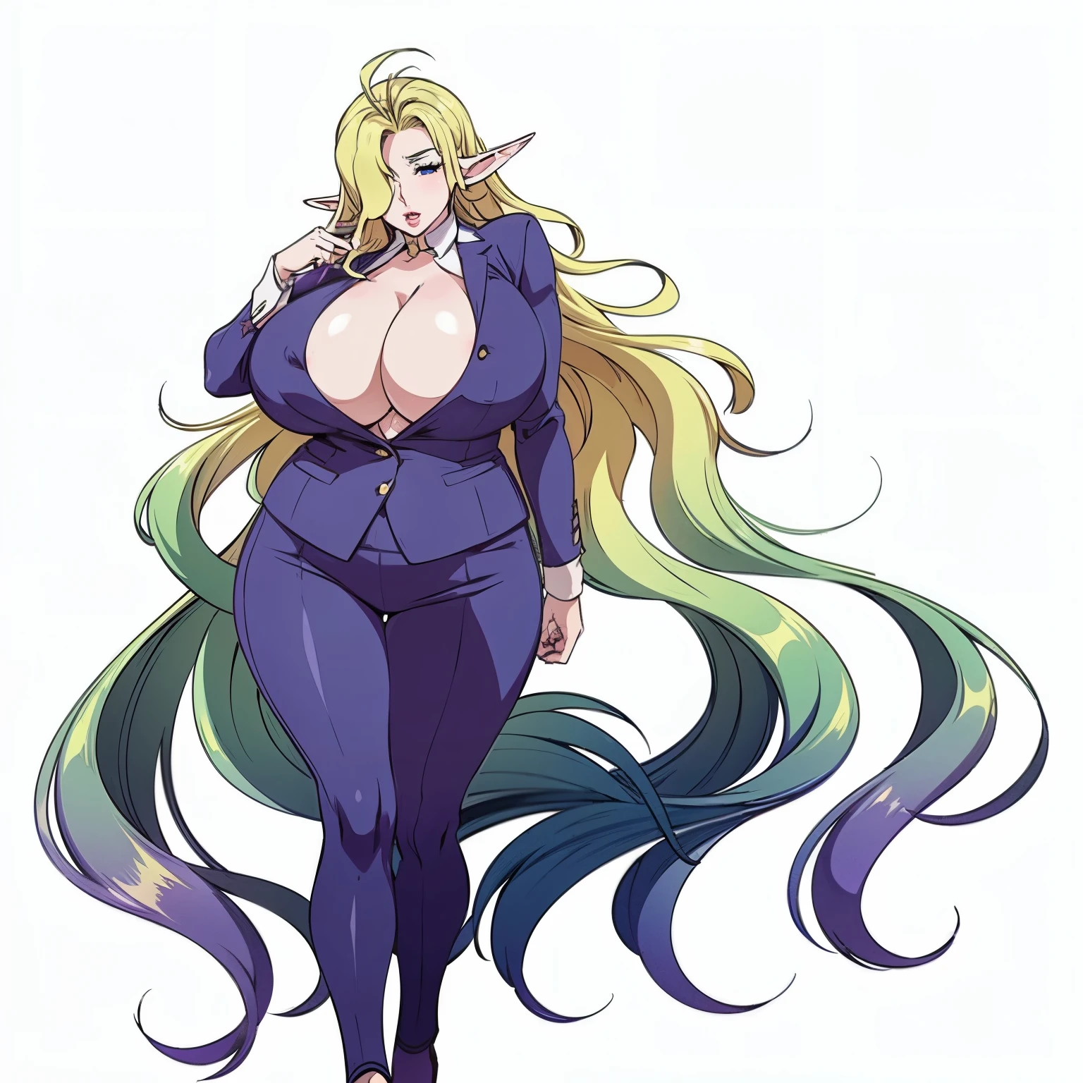 anime_screencap, 1fw.stentrem,(((hot mature mom age))), elf, very long hair, gradient hair, very curvy, ahegao face, （drooping chest，Bewitching body： 1.2）, hyperrealistic, Super plump and firm big breasts, ba, Has a deep V-bust, breasts are very far apart ,has a bra, in a very formal outfit safe for viewing, small cleavage, location is fully white space, no background only white color , fully white background behind character , png, full body can be seen in image