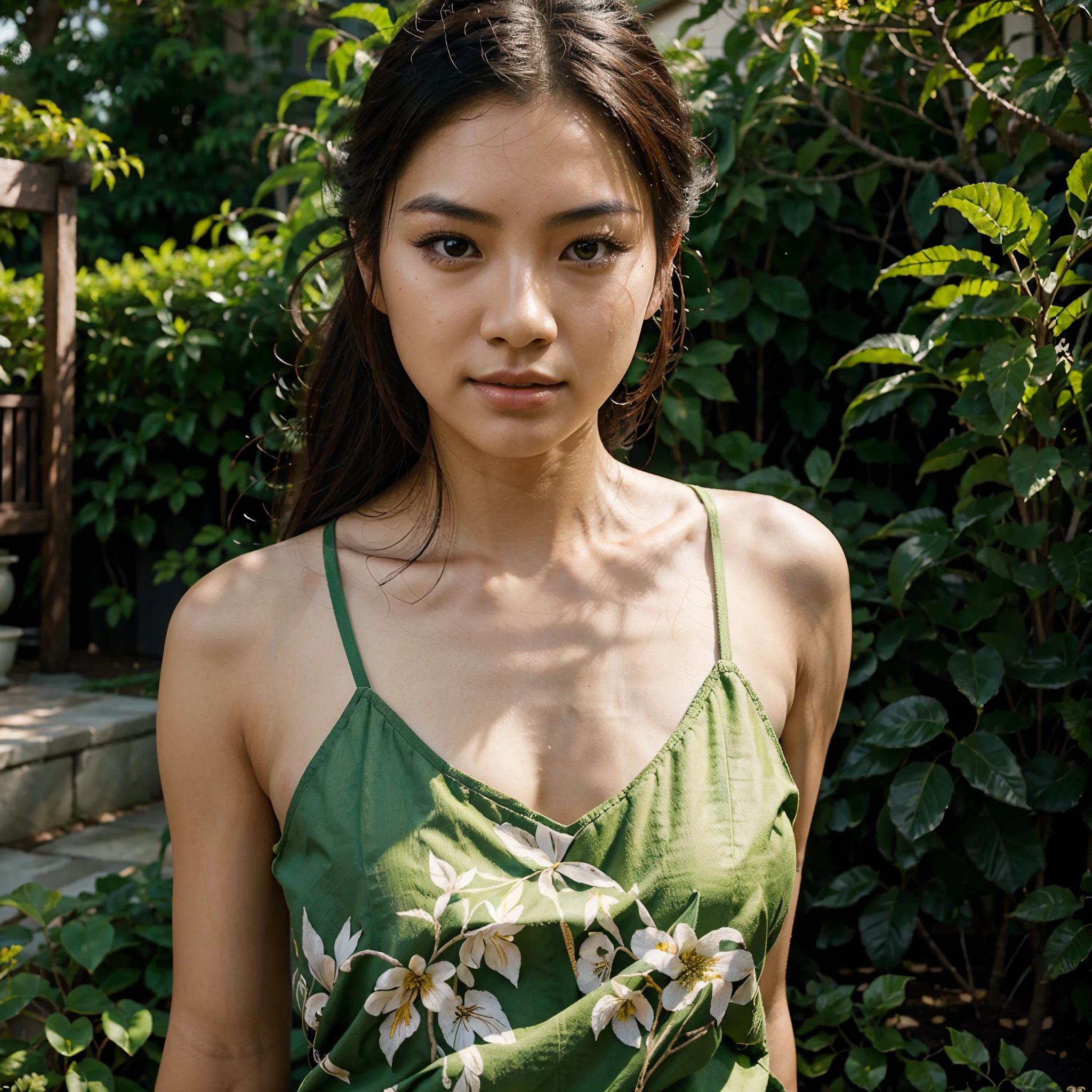 A beautiful asian skin and face, RAW photograph, 8k, hyper realistics, extreme details, gardening on the beautiful gardens, plants on the background