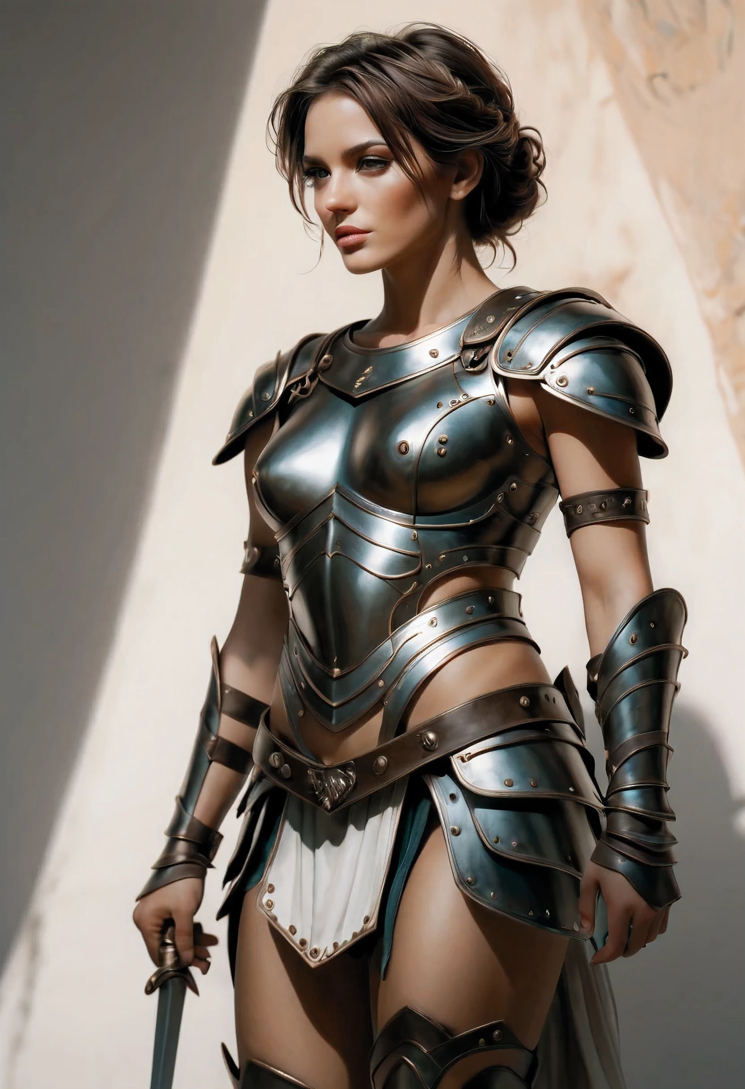 smooth lines, Express expressions and postures through ink contrast, The background is simple. emphasize light, shadow and space. ((full body):1.3), Drawing of Mature beauty. ((Detailed eye):1.3),((fresh)), wearing gladiator armor, painting, (best quality,4K,8k,high resolution,masterpiece:1.2),Super detailed,(actual,photoactual,photo-actual:1.37).