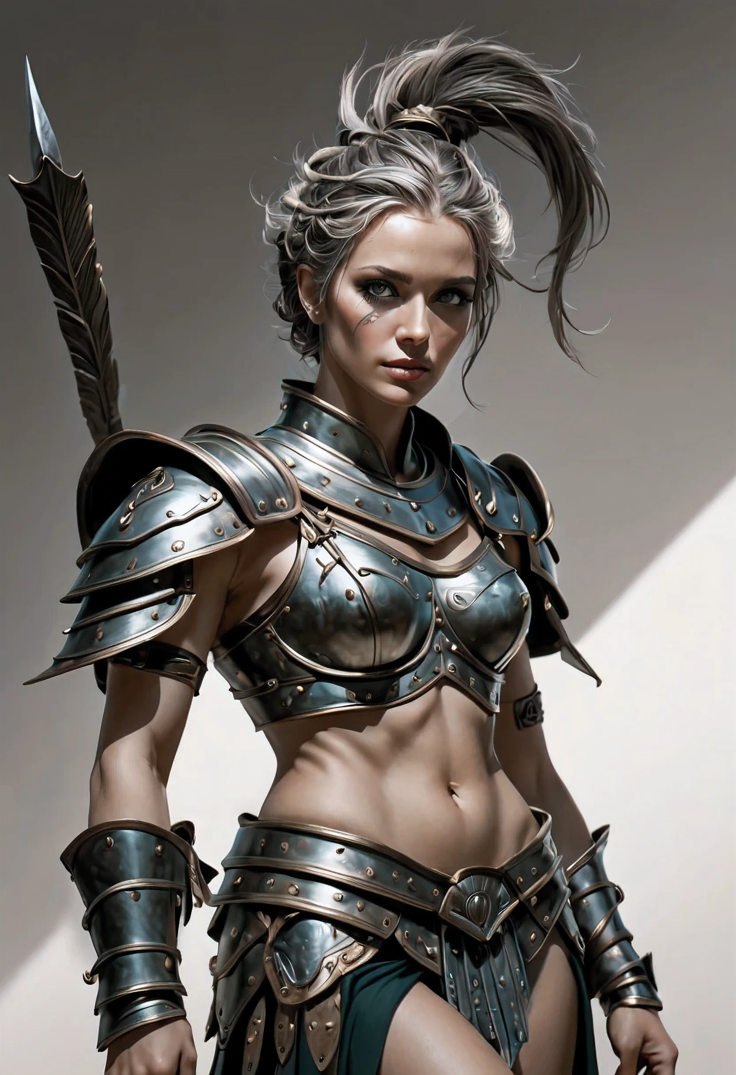 smooth lines, Express expressions and postures through ink contrast, The background is simple. emphasize light, shadow and space. ((full body):1.3), Drawing of Mature beauty. ((Detailed eye):1.3),((fresh)), wearing gladiator armor, painting, (best quality,4K,8k,high resolution,masterpiece:1.2),Super detailed,(actual,photoactual,photo-actual:1.37).