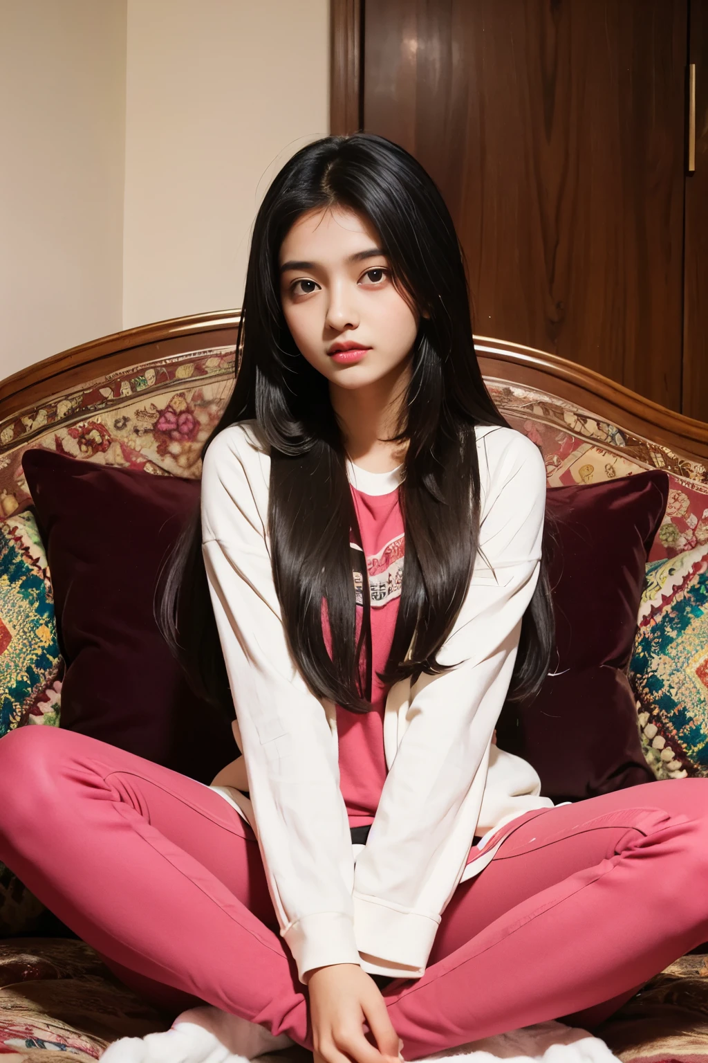 beautiful cute young attractive indian age girl, village girl, 18 years old, cute, Instagram model, long black_hair, colorful hair, warm, dacing, in home sit at sofa, indian