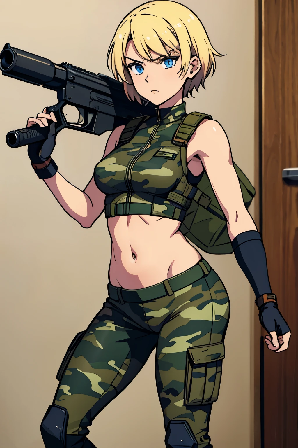 Young girl, short blonde hair, blue eyes, soldier's camouflage uniform, sleeveless, open belly, gun, serious look, masterpiece, high quality