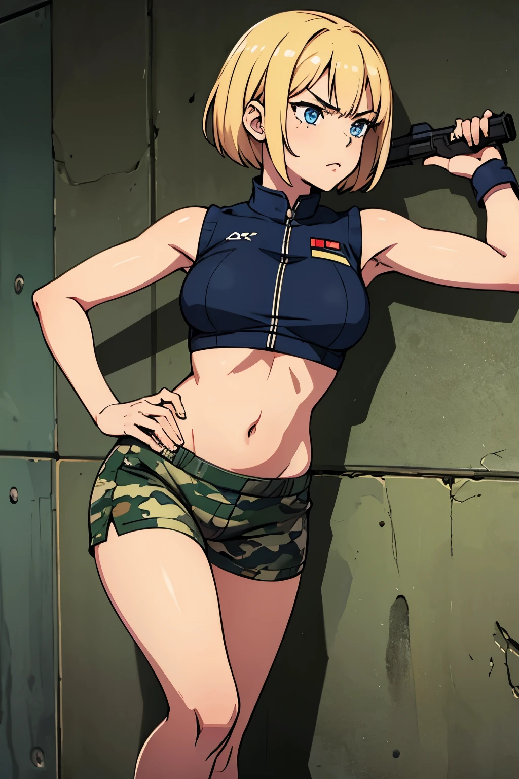 One beautiful blonde woman, black police hat, white tank top, belly button visible, torn denim shorts