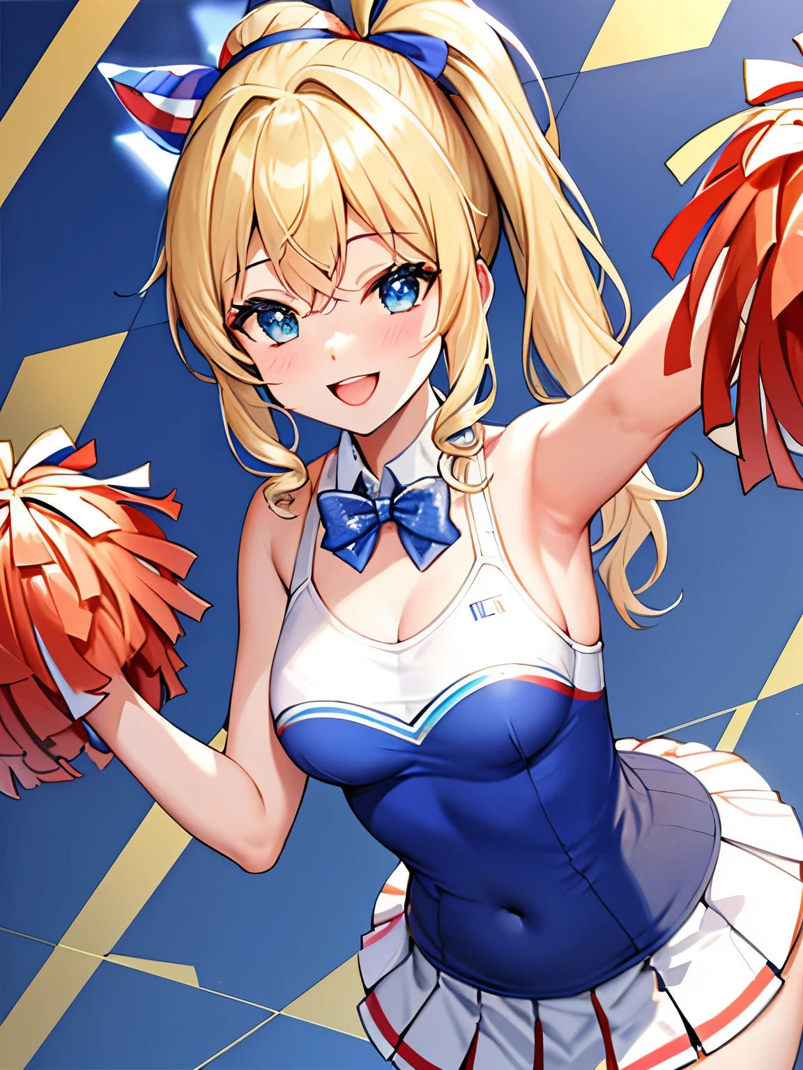 (blonde:1.2),(Side ponytail tied around the temporal lobe:1.3),(Her hair is in a ponytail with curls:1.2),BREAK,(blue lapis lazuli eyes:1.3),(blue ribbon in ponytail knot:1.2),BREAK,(Cheerleader costume with lots of red, white and blue frills:1.4),(Smile and cheer:1.3),((raising both arms high:1.2)),(Cheering with wide open mouth smiles:1.25),(ꉂꉂ for support📣:1.35),BREAK,((diamond pattern background:1.3)),(yellow background:1.1),close up of face,((top angle:1.2)),(small breasts:1.1)