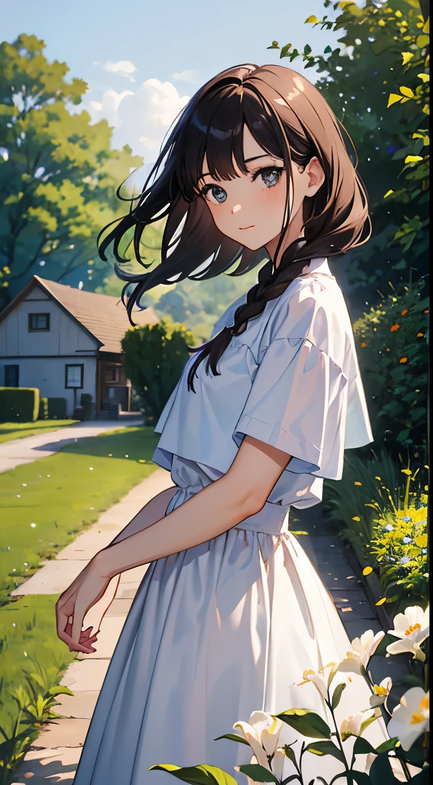 (Sargent style watercolor)、(highest quality、masterpiece)、soft light、view of the cotswolds,old farmhouse、stream、flowers bloom、one woman、dark brown hair、braided hair、White blouse and long skirt、picnic、standing、blown by the wind、