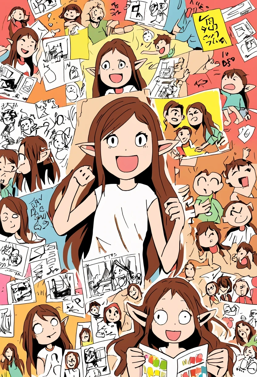 Hand drawn for children ，Doodle comics on paper，openness and discretion, Messy but organized,Bright colors、Strong contrast,simple, direct and brutal,personalization and expression， 20 year old girl, adventurous elf, beautiful and happy, brown hair and long hair.