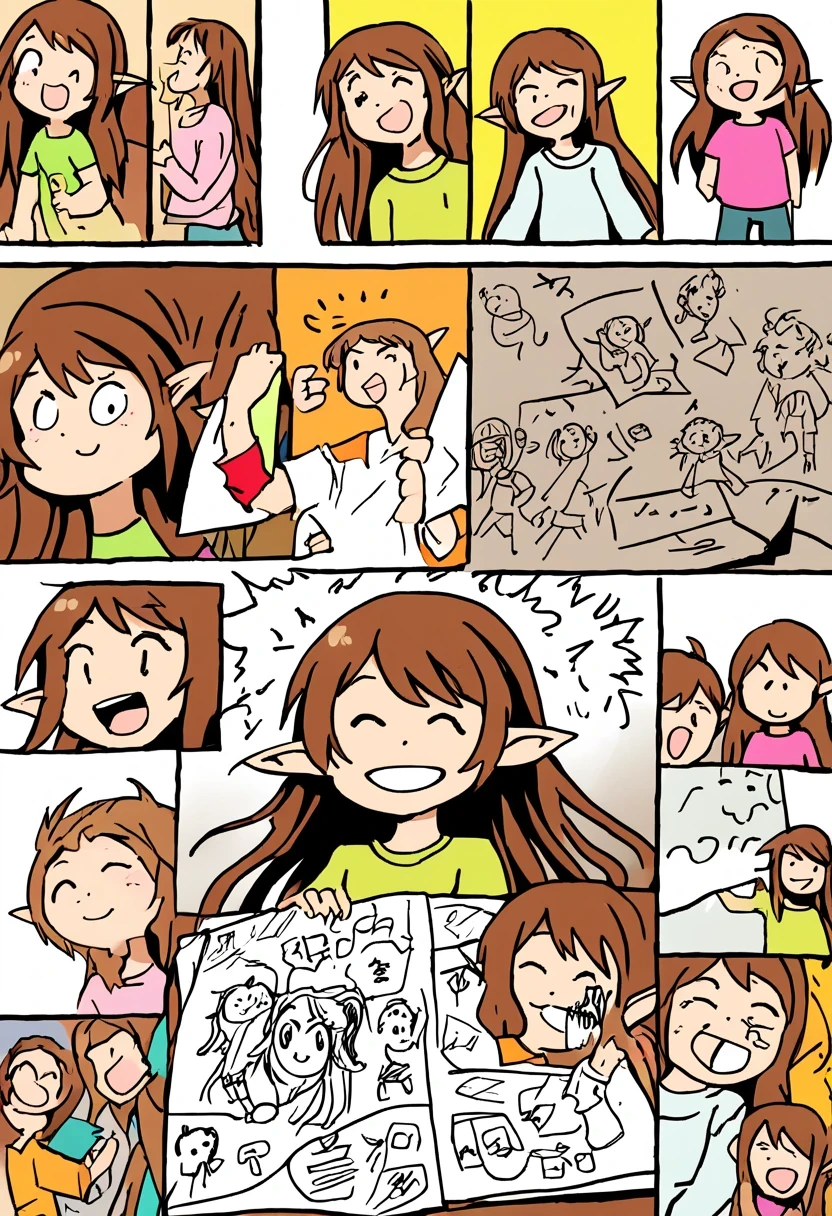 Hand drawn for children ，Doodle comics on paper，openness and discretion, Messy but organized,Bright colors、Strong contrast,simple, direct and brutal,personalization and expression， 20 year old girl, adventurous elf, beautiful and happy, brown hair and long hair.
