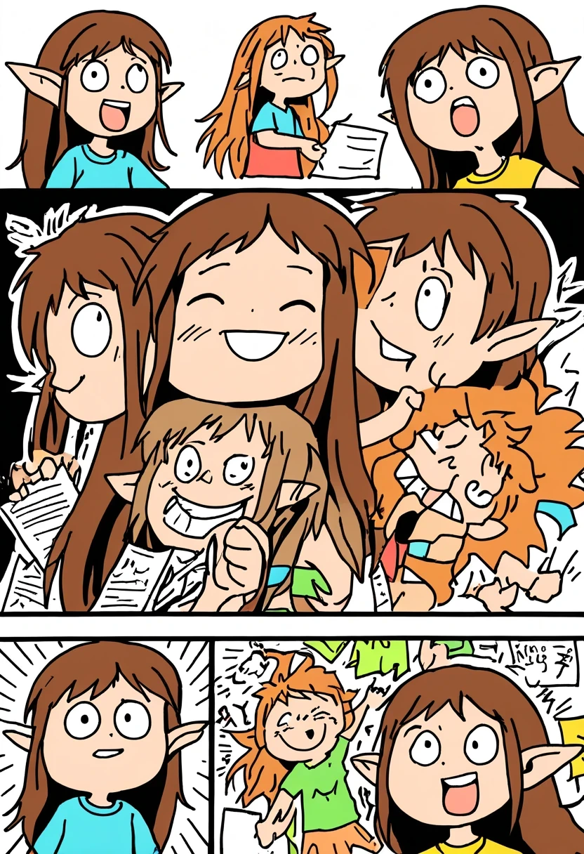 Hand drawn for children ,Doodle comics on paper,openness and discretion, Messy but organized,Bright colors、Strong contrast,simple, direct and brutal,personalization and expression, 20 year old girl, adventurous elf, beautiful and happy, brown hair and long hair.