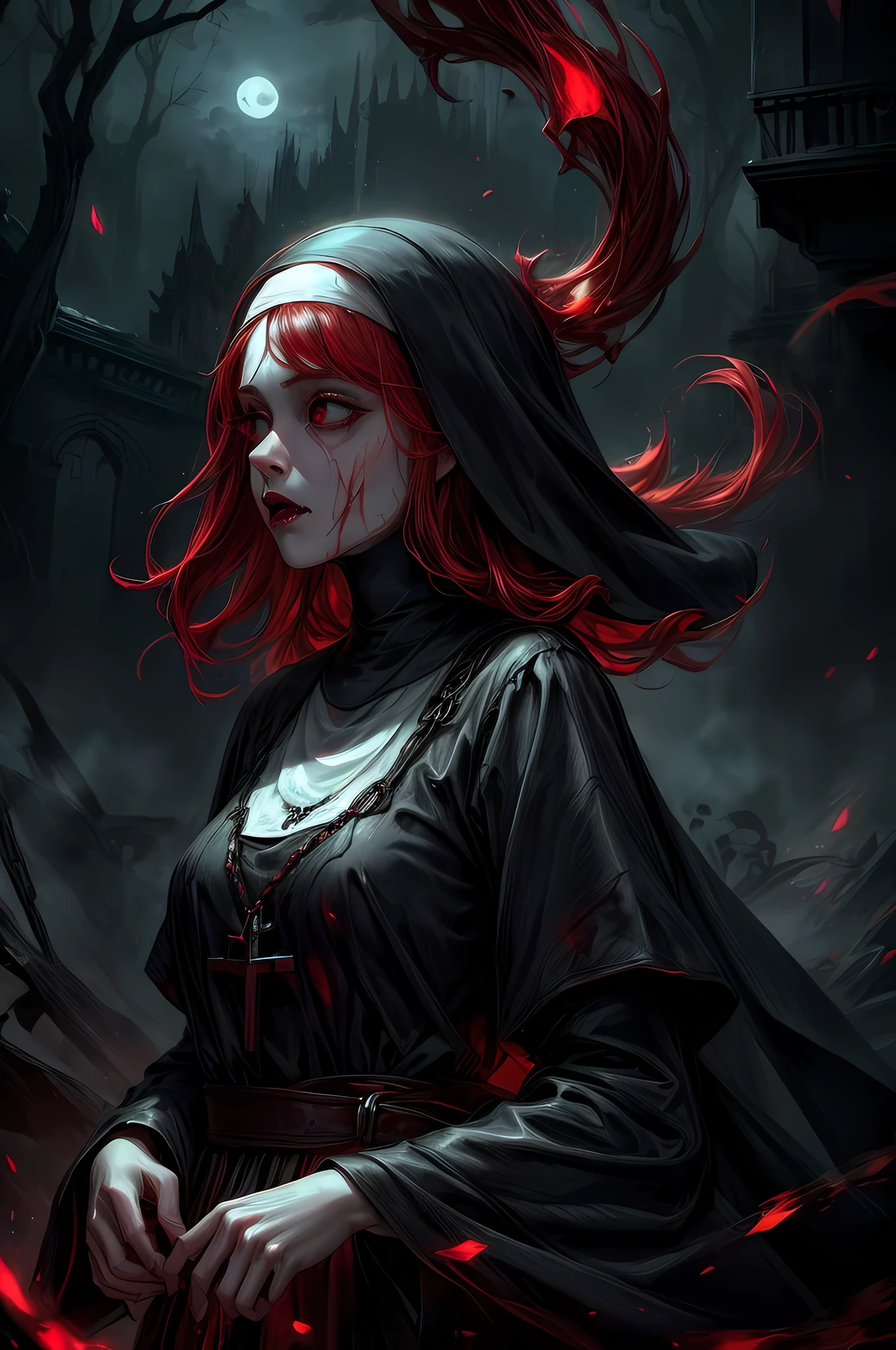 a picture of an exquisite beautiful female (nun: 1.3) vampire standing under the starry night sky on the porch of her monastary, dynamic angle (ultra detailed, Masterpiece, best quality), ultra detailed face (ultra detailed, Masterpiece, best quality), ultra feminine, (pale skin: 1.3), red hair, wavy hair, dynamic eyes color, cold eyes, glowing eyes, intense eyes, dark red lips, [fangs], wearing white nun habit (ultra detailed, Masterpiece, best quality), wearing blue cloak (ultra detailed, Masterpiece, best quality), long cloak, flowing cloak (ultra detailed, Masterpiece, best quality), wearing high heeled boots, sky full of stars background, moon, bats flying about, action shot, high details, best quality, 16k, [ultra detailed], masterpiece, best quality, (ultra detailed), full body, ultra wide shot, photorealism, dark fantasy art, dark fantasy art, gothic art, many stars, dark fantasy art, gothic art, sense of dread, bloodmagic