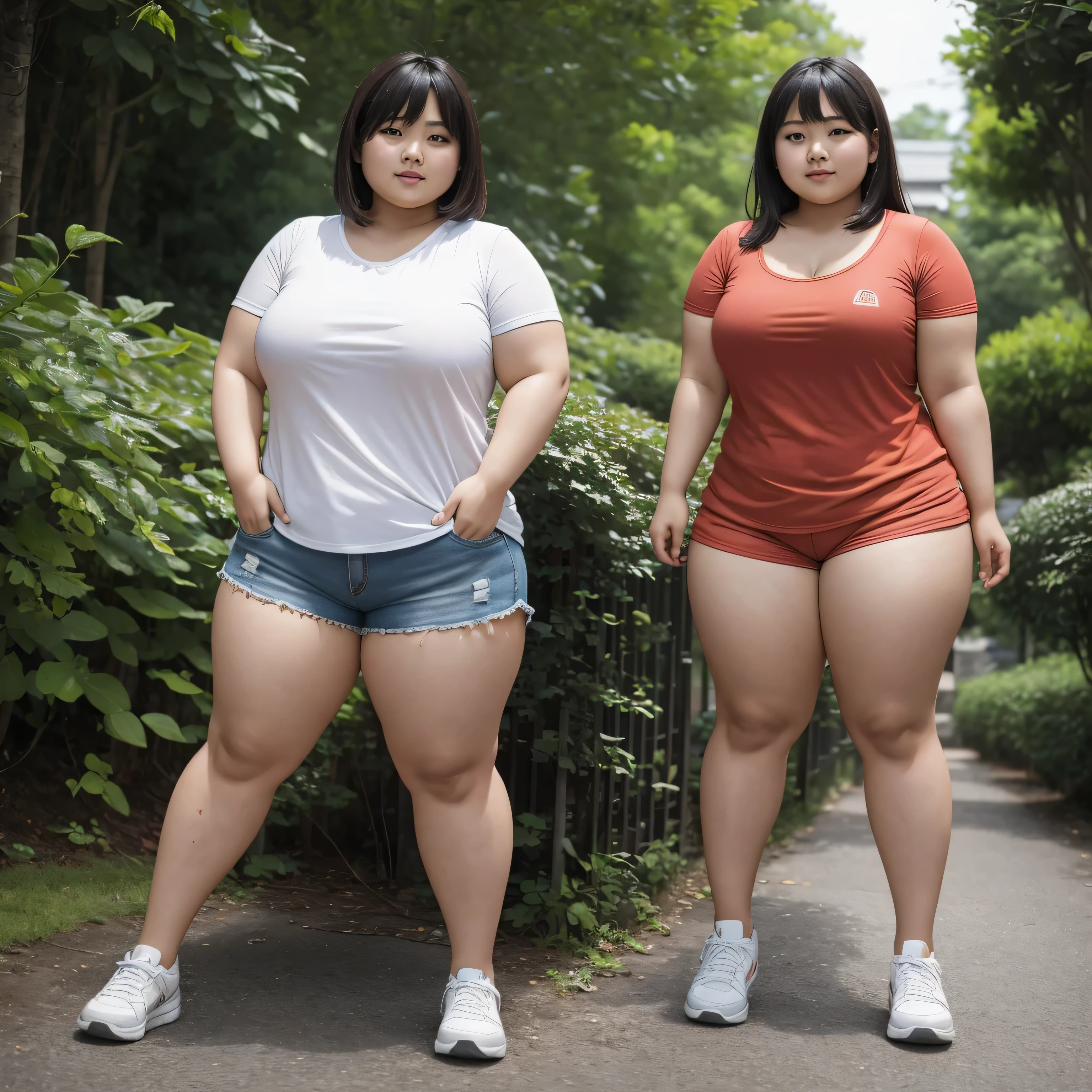 ugly,Fat torso, breast,chubby naked,Loose Fit Sports Shorts,shorts, thick legs,thick arms,camisole,Asian, middle hair,whole body, whole body撮影, Let's take a walk on the sidewalk,night,khd,High resolution