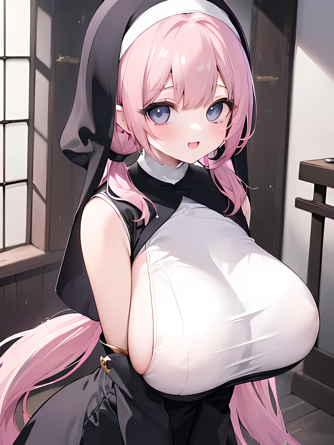 masterpiece,highest quality,(Super detailed),masterpiece,written boundary depth,perfect sentence, Detailed CG,Super detailed,(highly detailed eyes,very cute face,highly detailed face:1.3),beautiful anime girl,(solo girl:1.9),(super huge breasts:1.9),(pink hair,low twin tails:1.5),(light blue eyes:1.3),(smile full of joy:1.3),open your mouth,show viewer,break,(nun,cassock costume:1.5),(side boob:1.5),church,Stained glass,holy light,Are standing,wave hands,cowboy shot