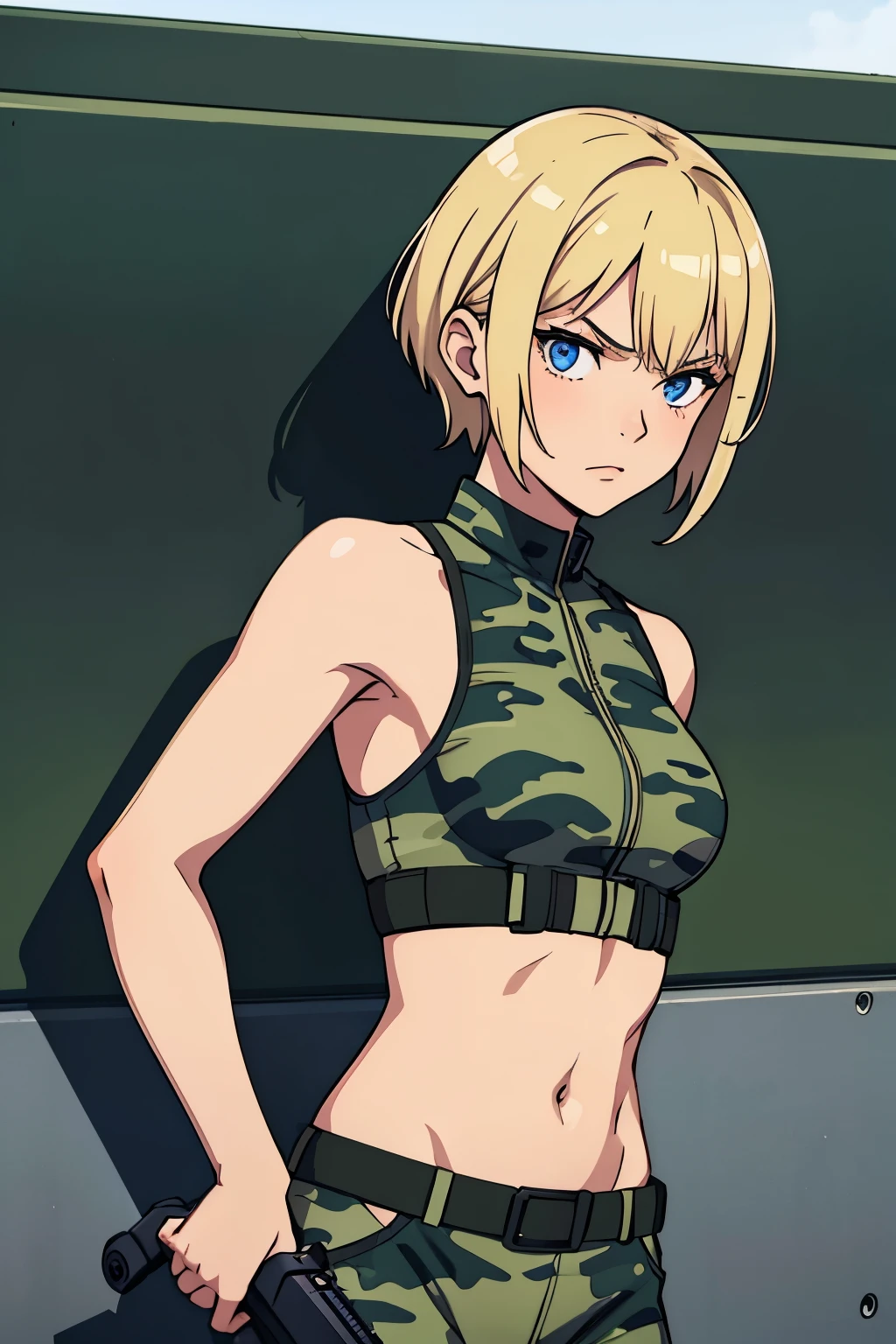 Young girl, short blonde hair, blue eyes, soldier's camouflage uniform, sleeveless, open belly, gun, serious look, masterpiece, high quality