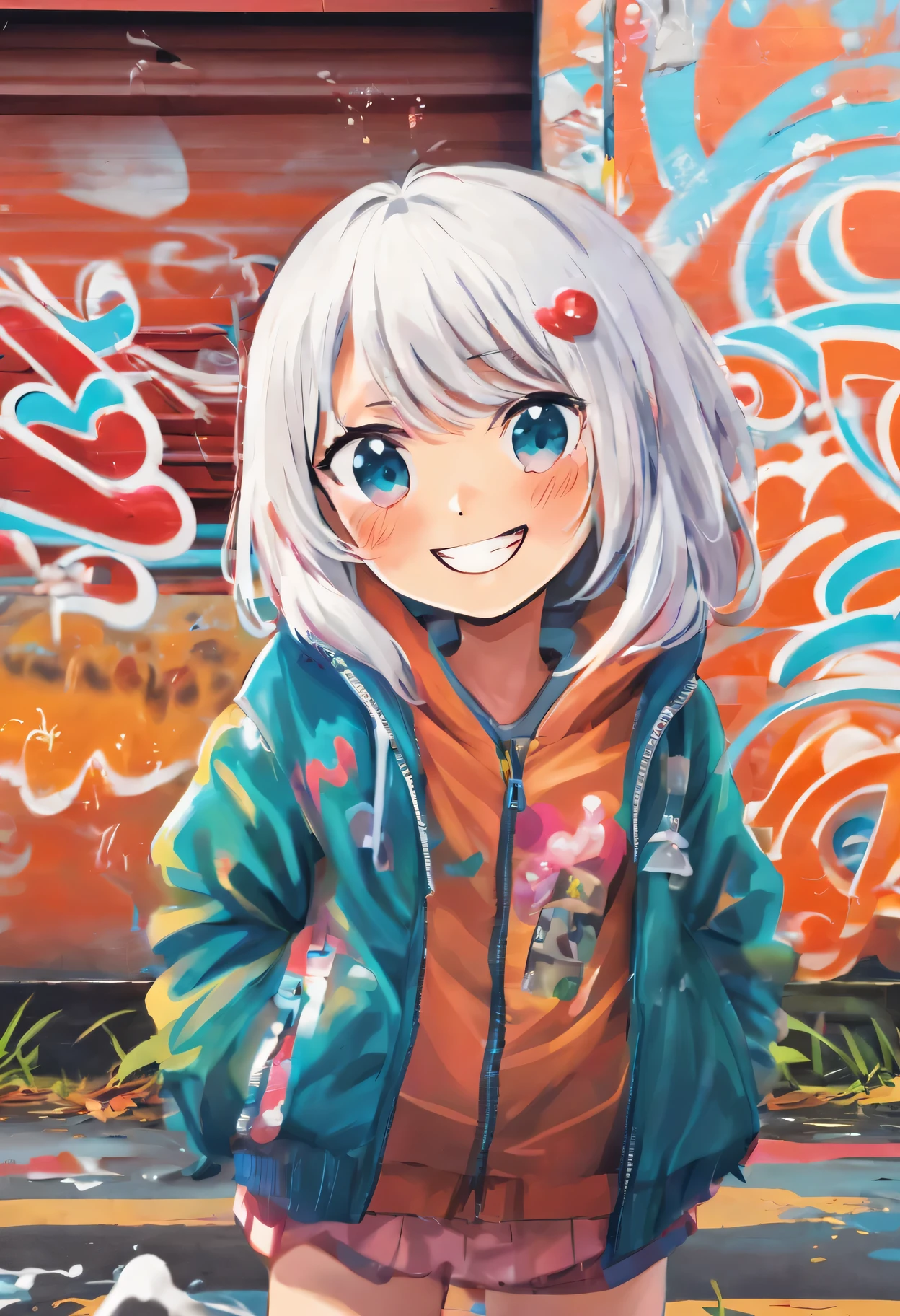 Lovely，girl，Permanently installed，graffiti wall，cartoon style，Lovely，rich and colorful，pleasure，outdoor environment，Art，interesting，full of imagination，comedy atmosphere，Lovely，whimsical，expressive face，round eyes，white hair，Smile，Get the spray can，dripping paint effect，city background，warm light，rich and colorful的背景，striking，涂鸦Art，Warm gesture，cheerful atmosphere，Art，creative expression