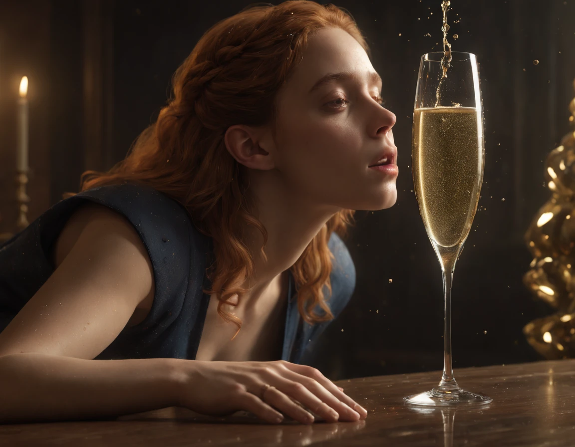 High Resolution, High Quality, Masterpiece. Hermione briskly knocking over a champagne glass, sparks an ethereal transformation of the environment into a fantastical Friday ambience, champagne droplets captured in mid-flight, refracting the scene’s soft, volumetric light, meticulous detail, photorealistic textures, chiaroscuro effect enhancing the drama, masterful composition adhering to the golden ratio, high fidelity octane render, 8K resolution, reminiscent of a Rutkowski, Beeple, or Beksinski digital masterpiece, photorealistic concept art, soft natural volumetric lighting, cinematic quality. Hyperdetalization. Hyperrealism. Dramatic light