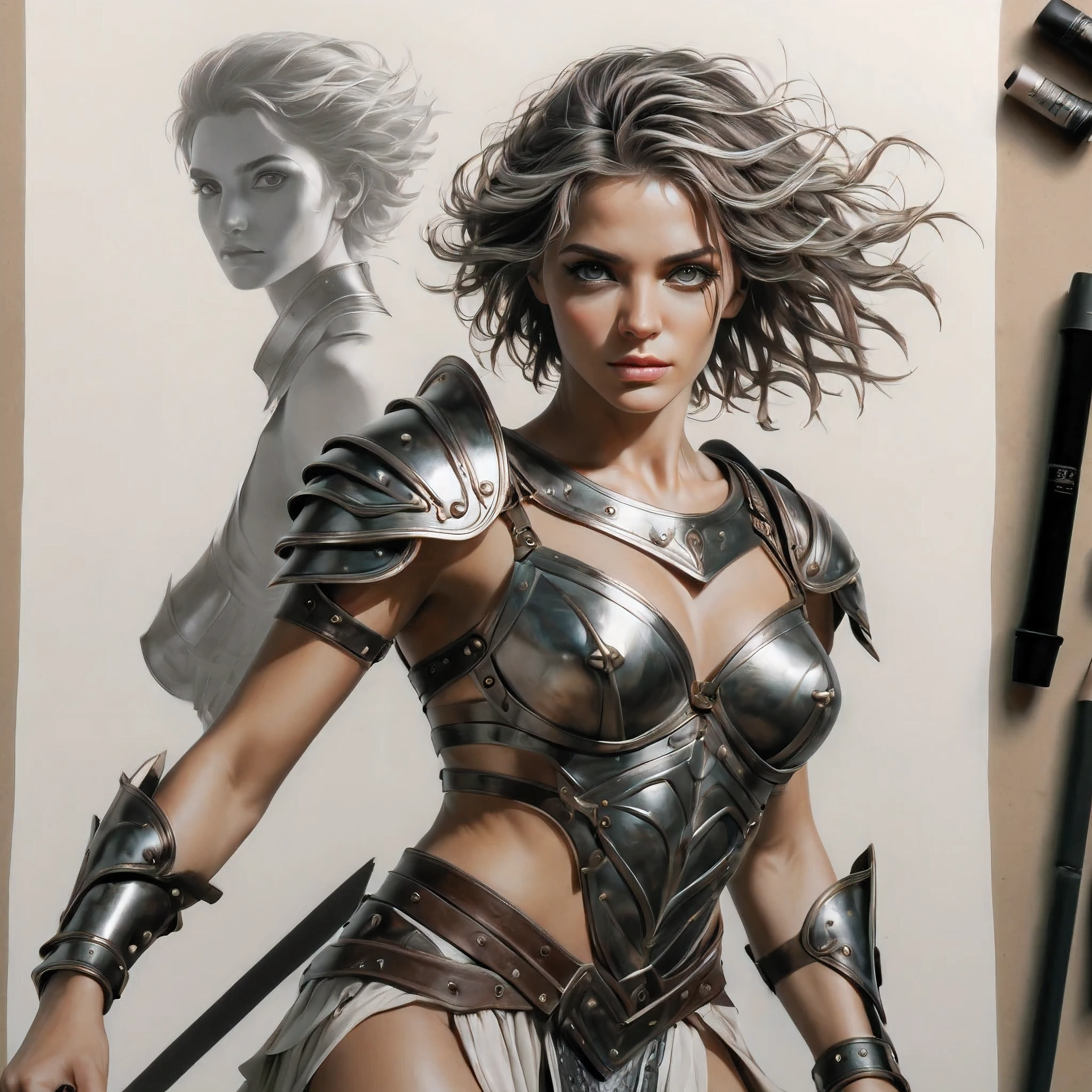 smooth lines, Express expressions and postures through ink contrast, The background is simple. emphasize light, shadow and space. ((full body):1.3), Drawing of Mature beauty. ((Detailed eye):1.3),((fresh)), wearing gladiator armor, painting, (best quality,4K,8k,high resolution,masterpiece:1.2),Super detailed,(actual,photoactual,photo-actual:1.37).