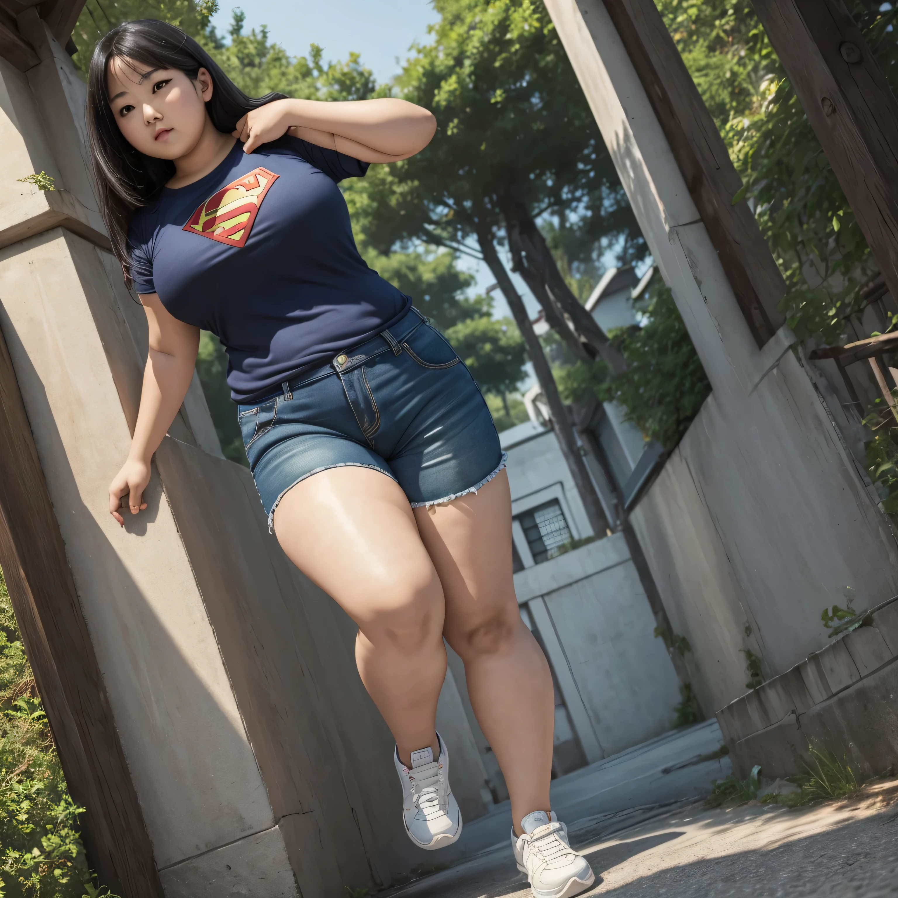 ((super highest quality)), ((masterpiece)), (become familiar with), High resolution, 4k, full body shot, 1 asian lady, chubby woman, ugly face, Otaku, chubby shorts, small breasts, thick legs, Thick below the knees, thick arms, pussy, running