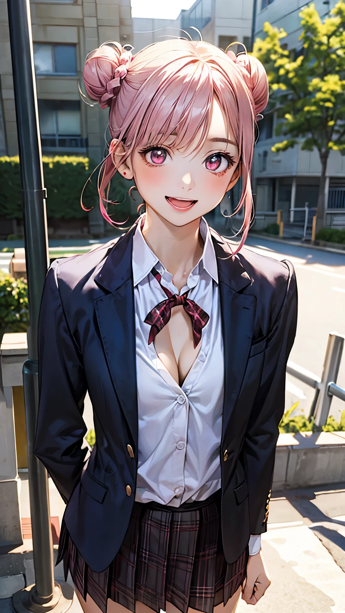(masterpiece:1.3, top-quality), (realistic, photorealistic:1.4), beautiful illustration, (natural side lighting, movie lighting), depth of fields, 
looking at viewer, 1 girl, japanese, high school girl, perfect face, cute and symmetrical face, shiny skin, 
(short hair:1.3, double bun:1.2, pink hair), crossed bangs, pink eyes, long eye lasher, (medium breasts, medium bobs, medium ass), slender, cleavage, collarbone,
beautiful hair, beautiful face, beautiful detailed eyes, beautiful clavicle, beautiful body, beautiful chest, beautiful thigh, beautiful legs, beautiful fingers, 
((sobu high school uniform, black blazer, white collared shirt, red ribbon plaid skirt, unbuttoned shirt, unbuttoned blazer)), 
(beautiful scenery), evening, (school gate), walking, (lovely smile, upper eyes, open mouth small), 
