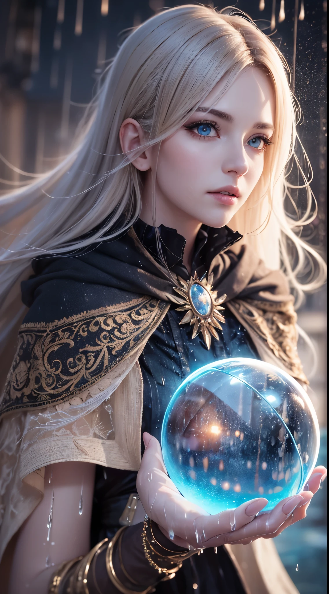 (skin dents:1.5), realistic, realistic, (table top:1.5), concept art, intricate details, very detailed, realistic, octane rendering, 8k, unreal engine, dynamic pose, highest quality, High resolution, (realistic face:1.1), (超realistic:1.1), ((full_body)), perfect eyes,(shiny skin:1.2), (((hairstyle))), (((完璧な手のvery detailed背景), haunted island, ((dynamic background)), ((lightning)), (light), (1 girl), wearing a cloak, (((flowing cloak))), ((fine eyes, high quality eyes, high quality face)), long hair, (((flowing hairstyle))), 1 girl ((Control the water)), (((whirlwind of water))), Ocean, tsunami, magic, (create a dramatic, Depth of the bounds written, Bokeh, 4k, gothic, ((rain)), energy ball between hands
