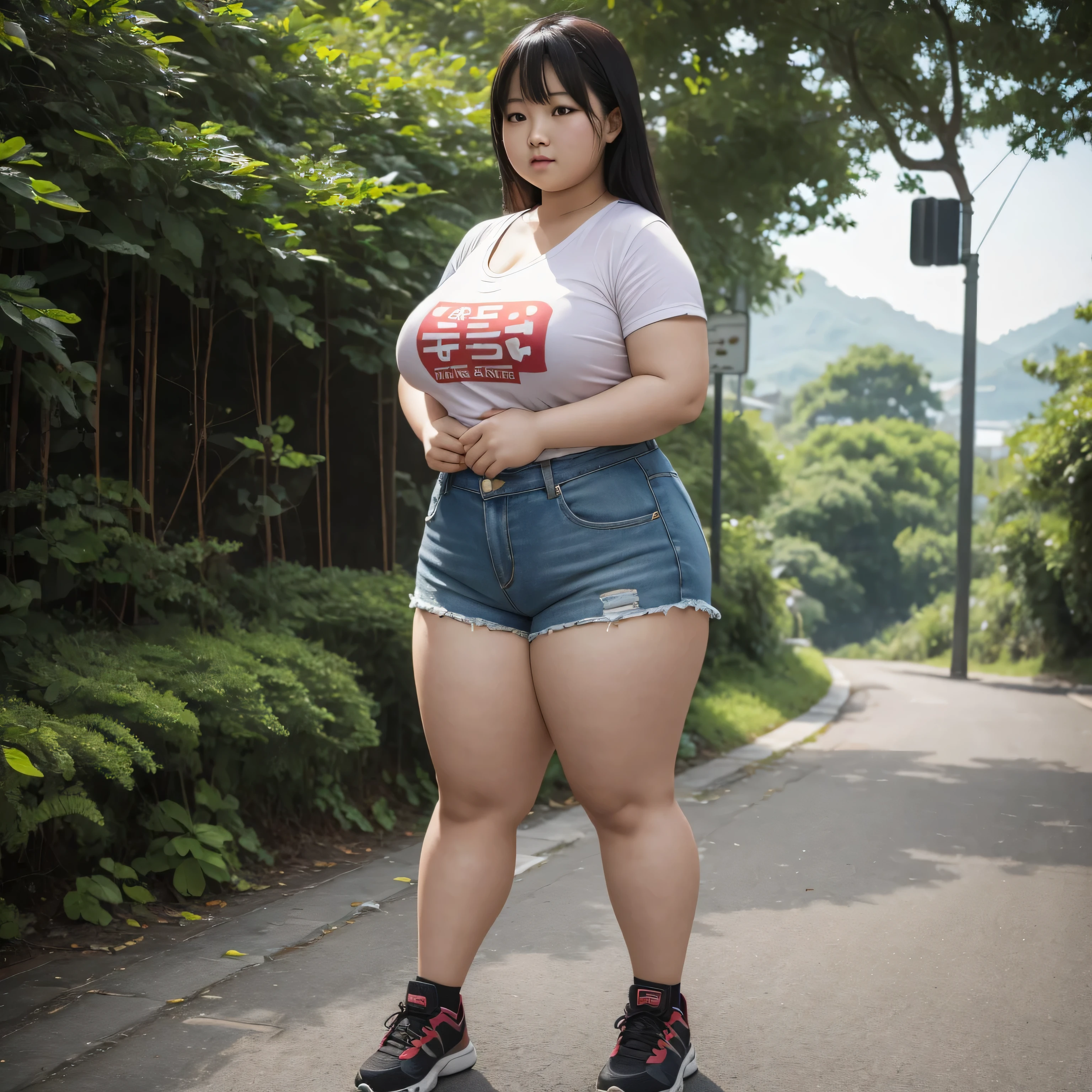 ((super highest quality)), ((masterpiece)), (become familiar with), High resolution, 4k, full body shot, 1 asian lady, chubby woman, ugly face, Otaku, chubby shorts, small breasts, thick legs, Thick below the knees, thick arms, pussy, Are standing