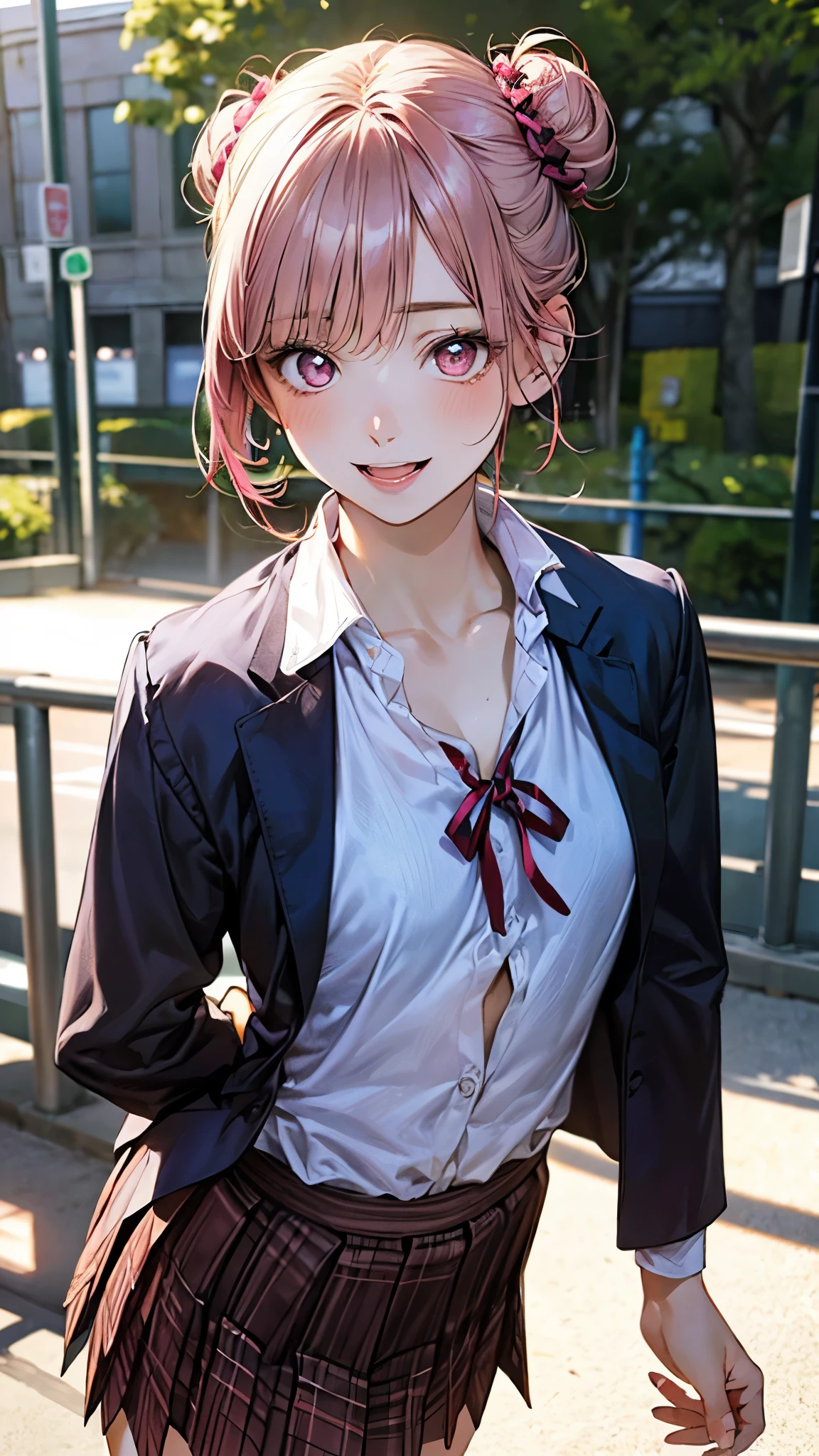 (masterpiece:1.2, top-quality), (realistic, photorealistic:1.4), beautiful illustration, (natural side lighting, movie lighting), depth of fields,
looking at viewer, 1 girl, japanese, high school girl, perfect face, cute and symmetrical face, shiny skin,
(short hair:1.3, double bun:1.2, pink hair), crossed bangs, pink eyes, long eye lasher, (medium breasts, medium bobs, medium ass), slender, cleavage, collarbone,
beautiful hair, beautiful face, beautiful detailed eyes, beautiful clavicle, beautiful body, beautiful chest, beautiful thigh, beautiful legs, beautiful fingers,
((sobu high school uniform, black blazer, white collared shirt, red ribbon plaid skirt, unbuttoned shirt, unbuttoned blazer)),
(beautiful scenery), evening, (school gate), walking, (lovely smile, upper eyes, open mouth small),