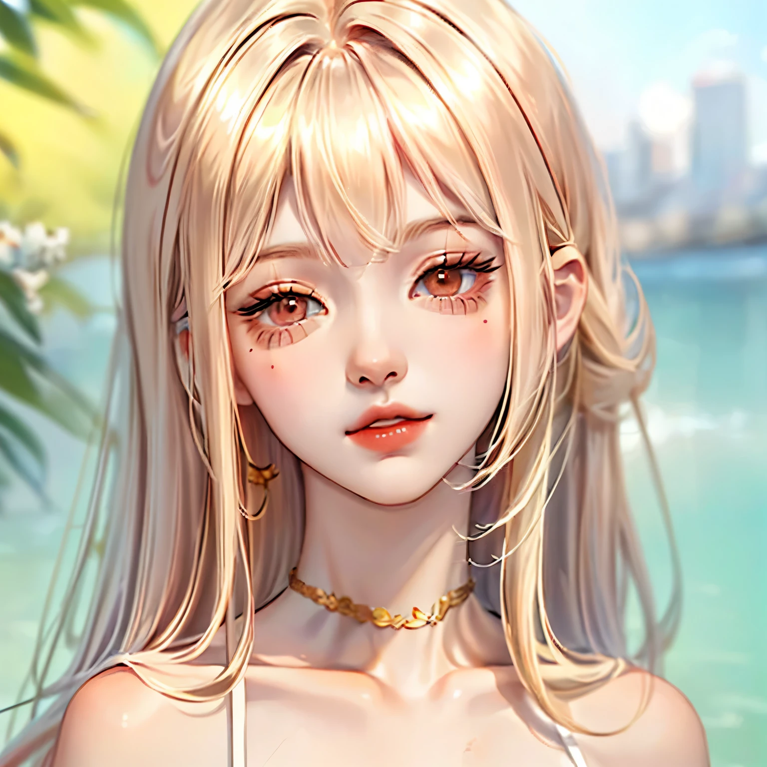 a girl with a blonde bangs and long hush cut dark red hair. Small eyes, pointed nose, medium lips, add mole between eyes and nose. 