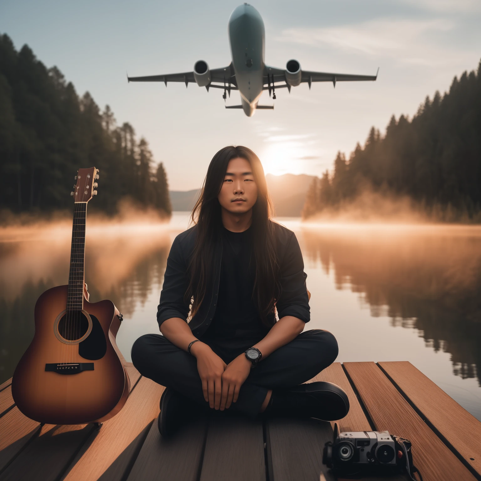 make a photograph of an asian man with long stright hair sitting on the pontoon with a guitar on a lake, an airplane flying over, , cinematic shot, airplane, low angle shot, at sunrise, photo in the middle center shot, cinematic shot, long shot, cinematic still shot, professional photography, advertising shoot, stunning shot, straight face looking at the camera, forest background