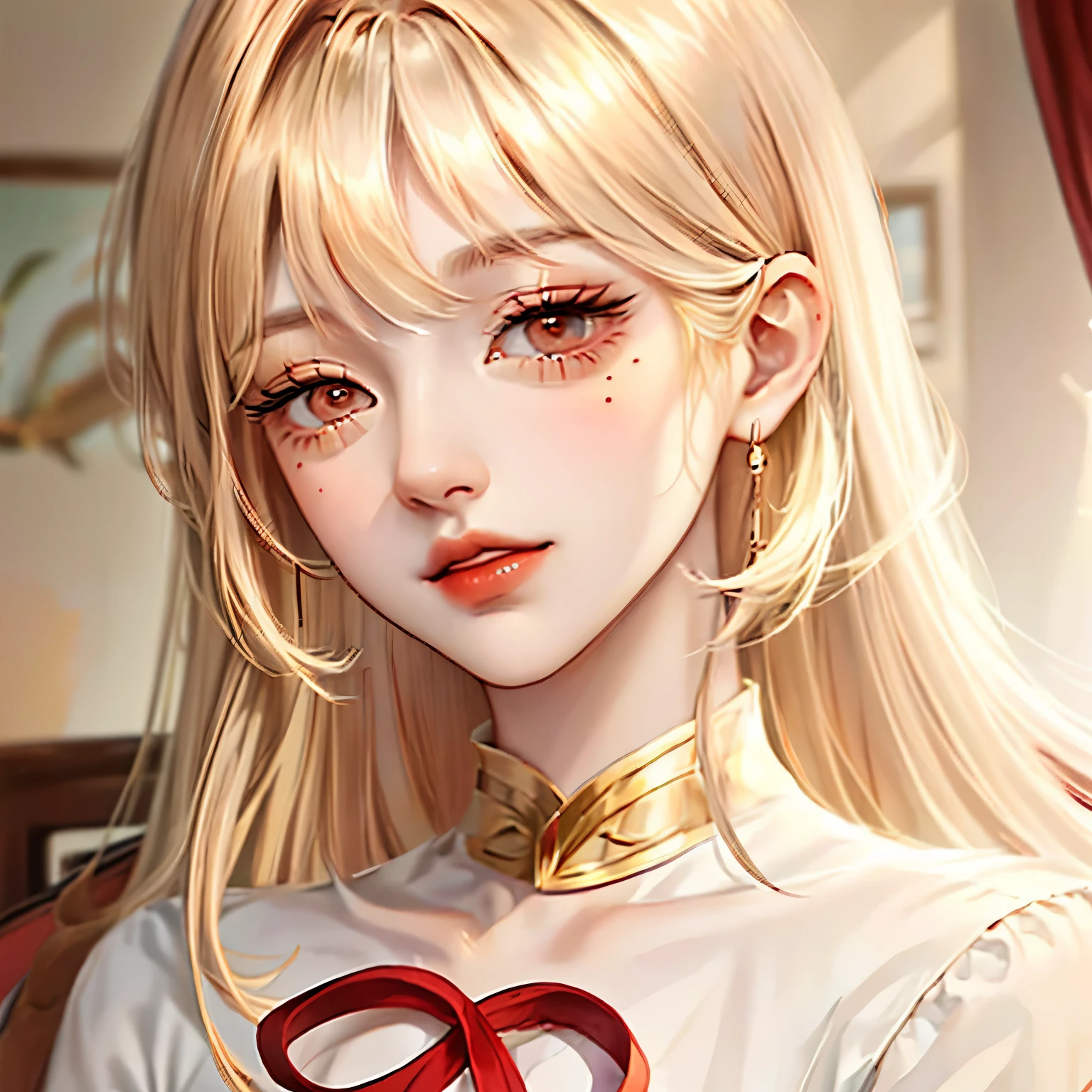 a girl with a blonde bangs and long hush cut dark red hair. Small eyes, pointed nose, medium lips, add mole between eyes and nose. 