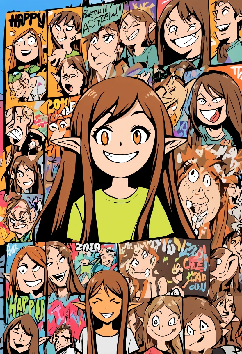  Graffiti caricatures，Publicity and casualness, Messy but organized,Bright colors and strong contrast,simple, direct and crude,Personalization and Expression， 20 year old girl, ((adventurous)) Elf, ((beautiful)) and ((happy)), ((brown hair)) and ((long hair)).