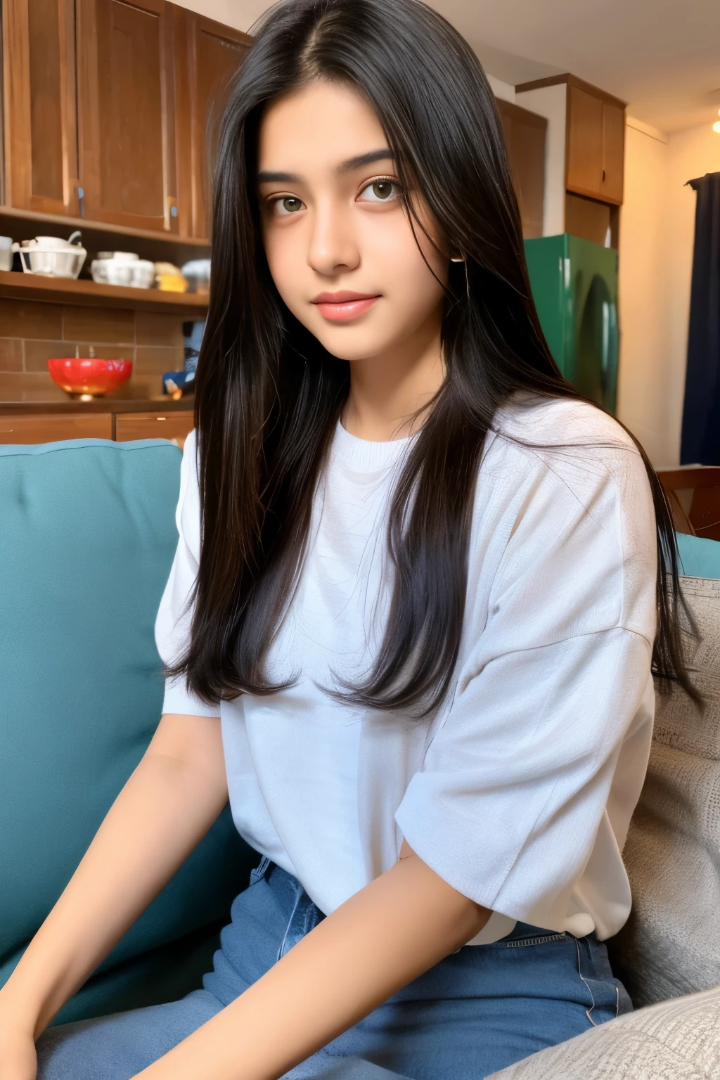 beautiful cute young attractive indian teenage girl, village girl, 18 years old, cute,  Instagram model, long black_hair, colorful hair, warm, dacing, in home sit at  sofa, indian