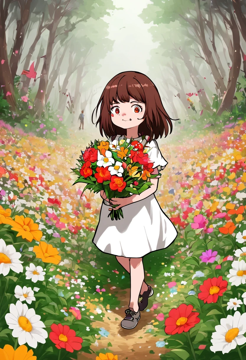 Graffiti caricatures，openness and discretion, Messy but organized,Bright colors、Strong contrast,simple, direct and brutal,personalization and expression，There is a little girl in a red and white dress holding a bouquet of flowers, girl among flowers, defloration, holding flowers, choose a flower, 站在girl in flower field, 站在girl in flower field, Flowers for heirs&#39;cheek, girl in flower field, girl in flower field肖像, girl walking in the forest, girl wearing flowers