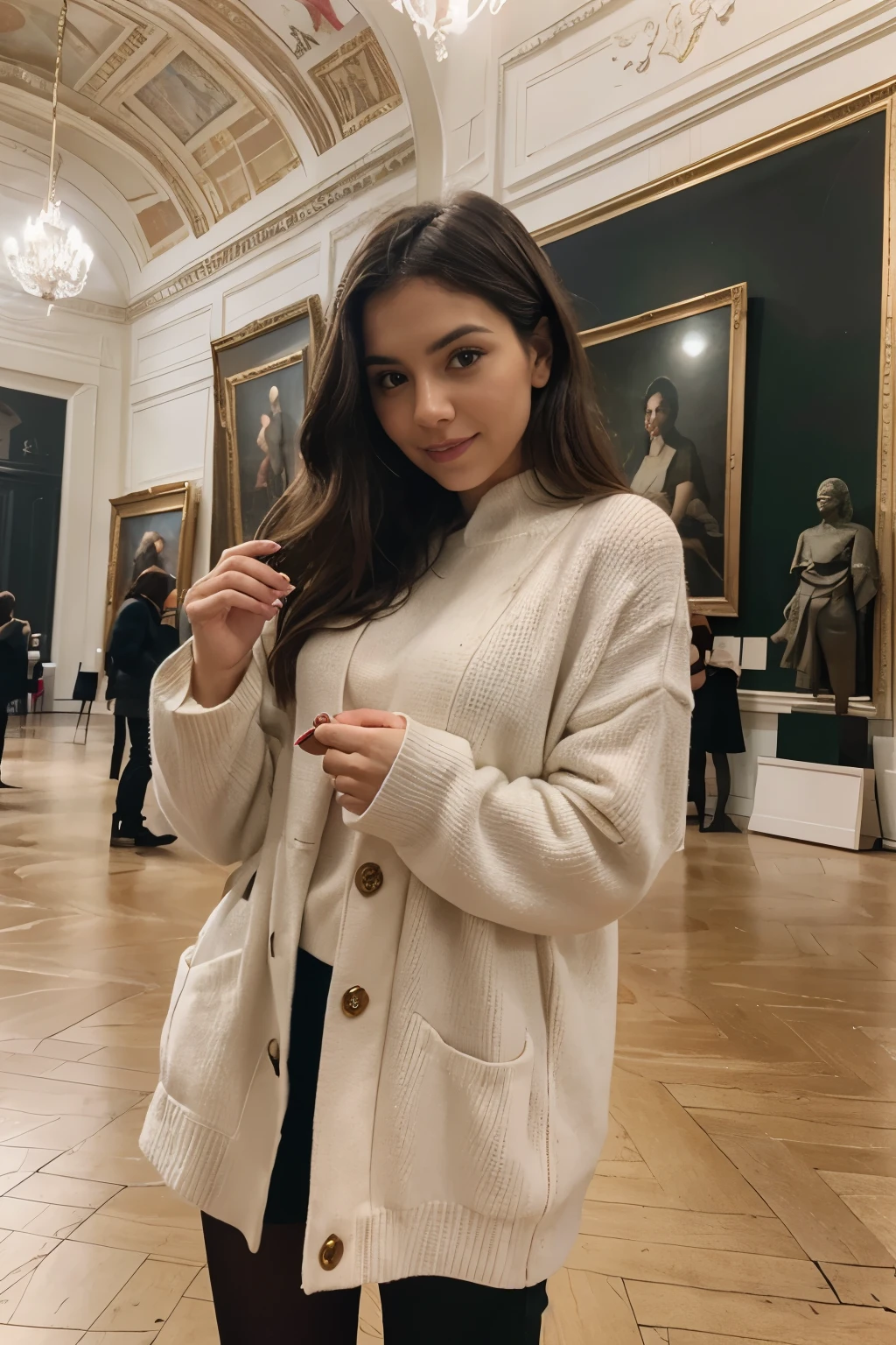 Do Larissa at the Louvre in Paris, she is wearing a chic winter outfit, usando batom e maquiagem