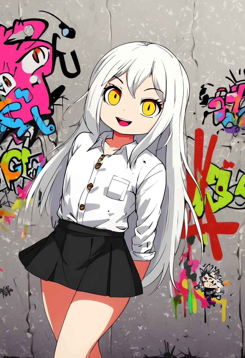 Graffiti caricatures,openness and discretion, Messy but organized,Bright colors、Strong contrast,simple, direct and brutal,personalization and expression, (1 girl), (alone), (female focus), (Alcohol, white hair, very long hair), golden eyes, clear smile, open mouth, ((White shirt), (button shirt), (gap button)), ((black skirt), (short skirt)), Permanent installation, White background, Put your arms behind your back, dynamic angle