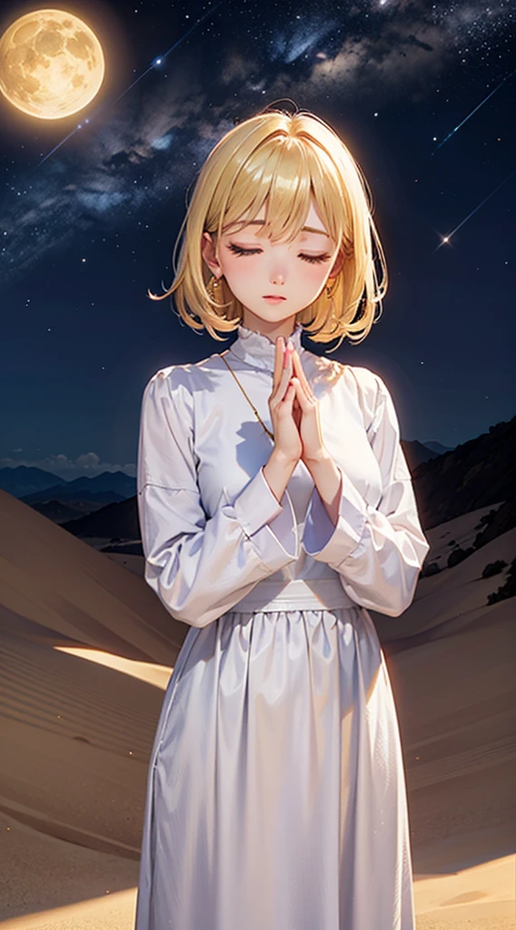 masterpiece,girl,Upper body,blonde,white clothes,standing in a golden desert,Pray,((Close ~ eyes)),((fold your fingers)),night sky,fantasy,soft light